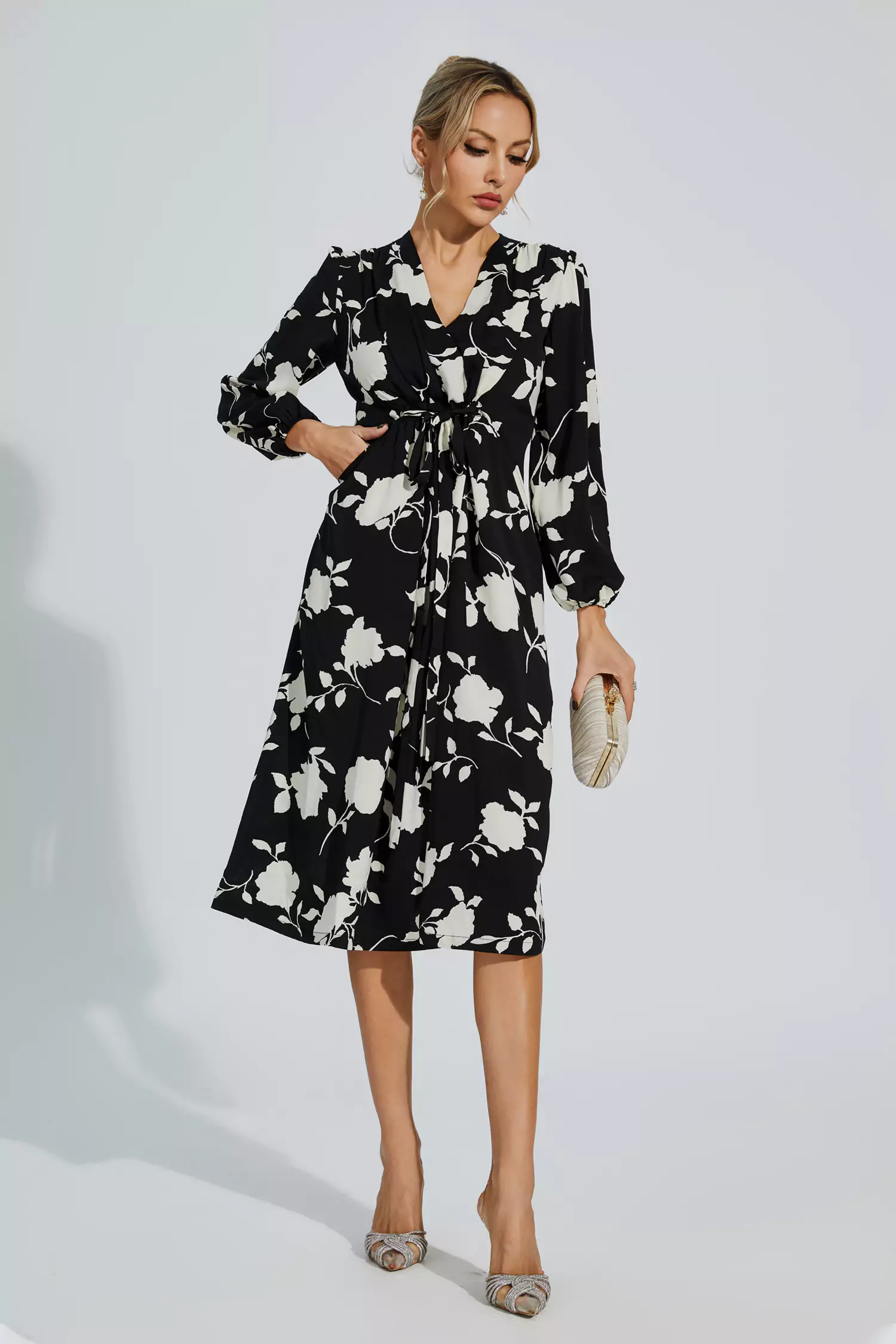 Galilea Black Floral Girded Midi Dress-CATCHALL