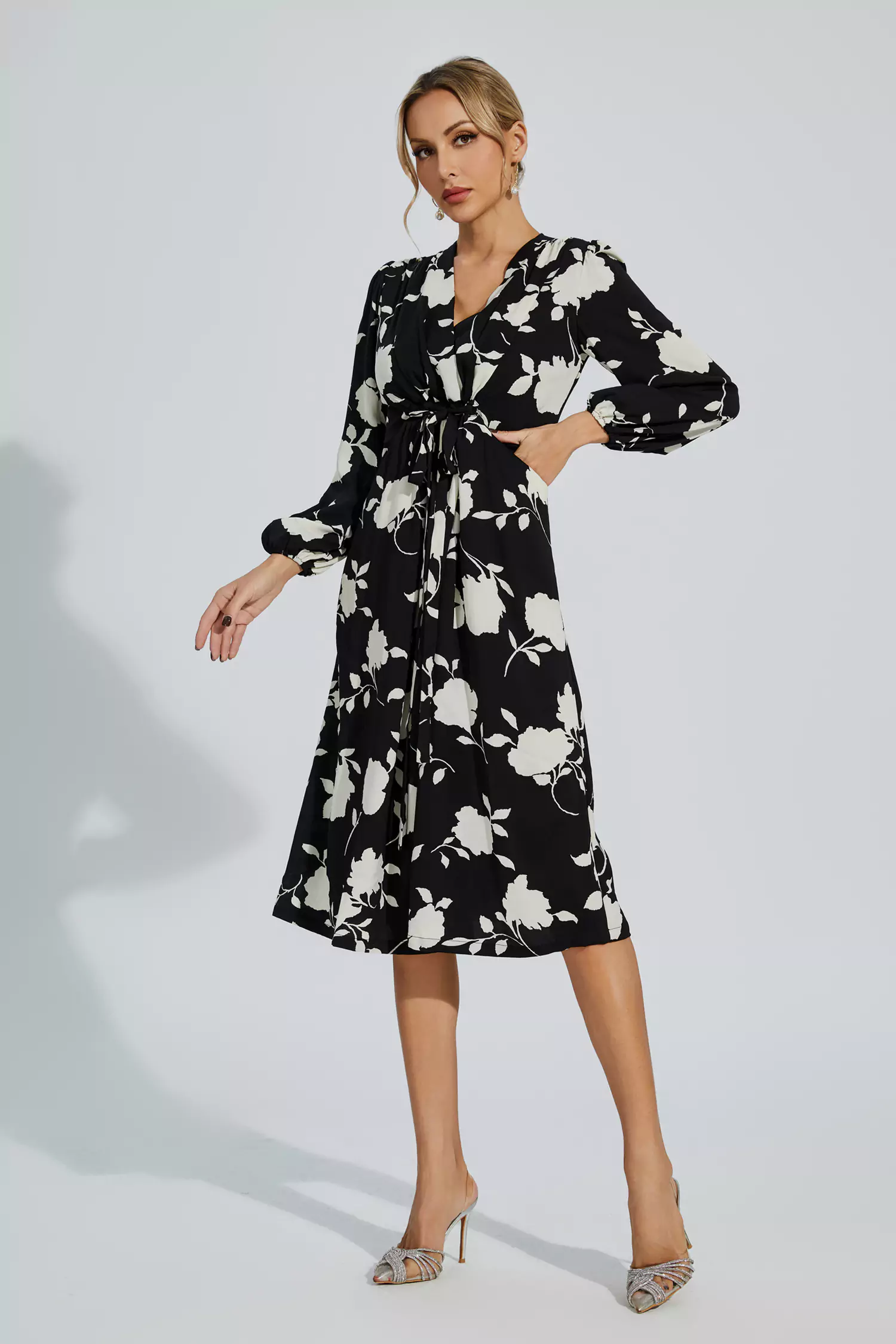 Galilea Black Floral Girded Midi Dress-CATCHALL
