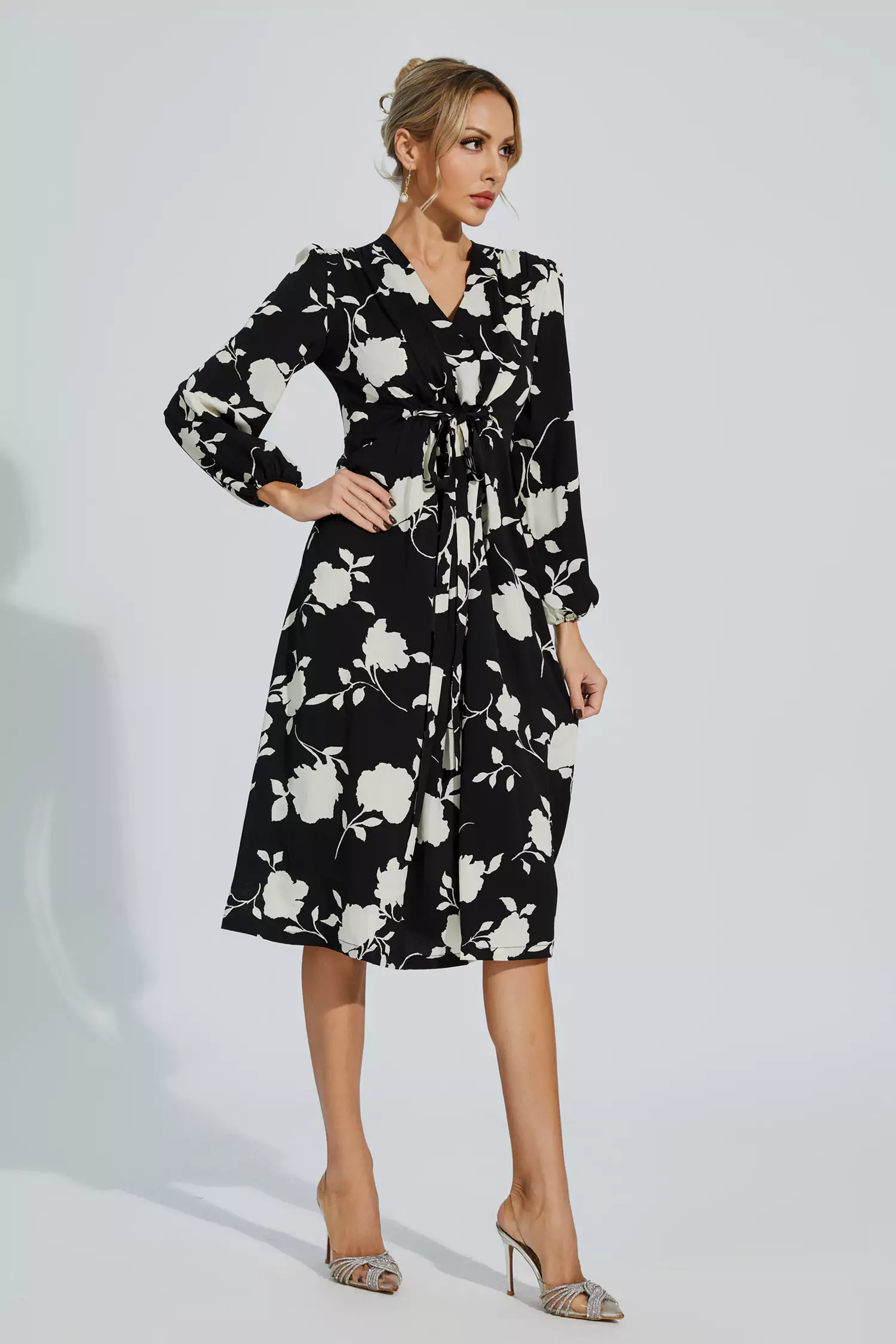 Galilea Black Floral Girded Midi Dress-CATCHALL