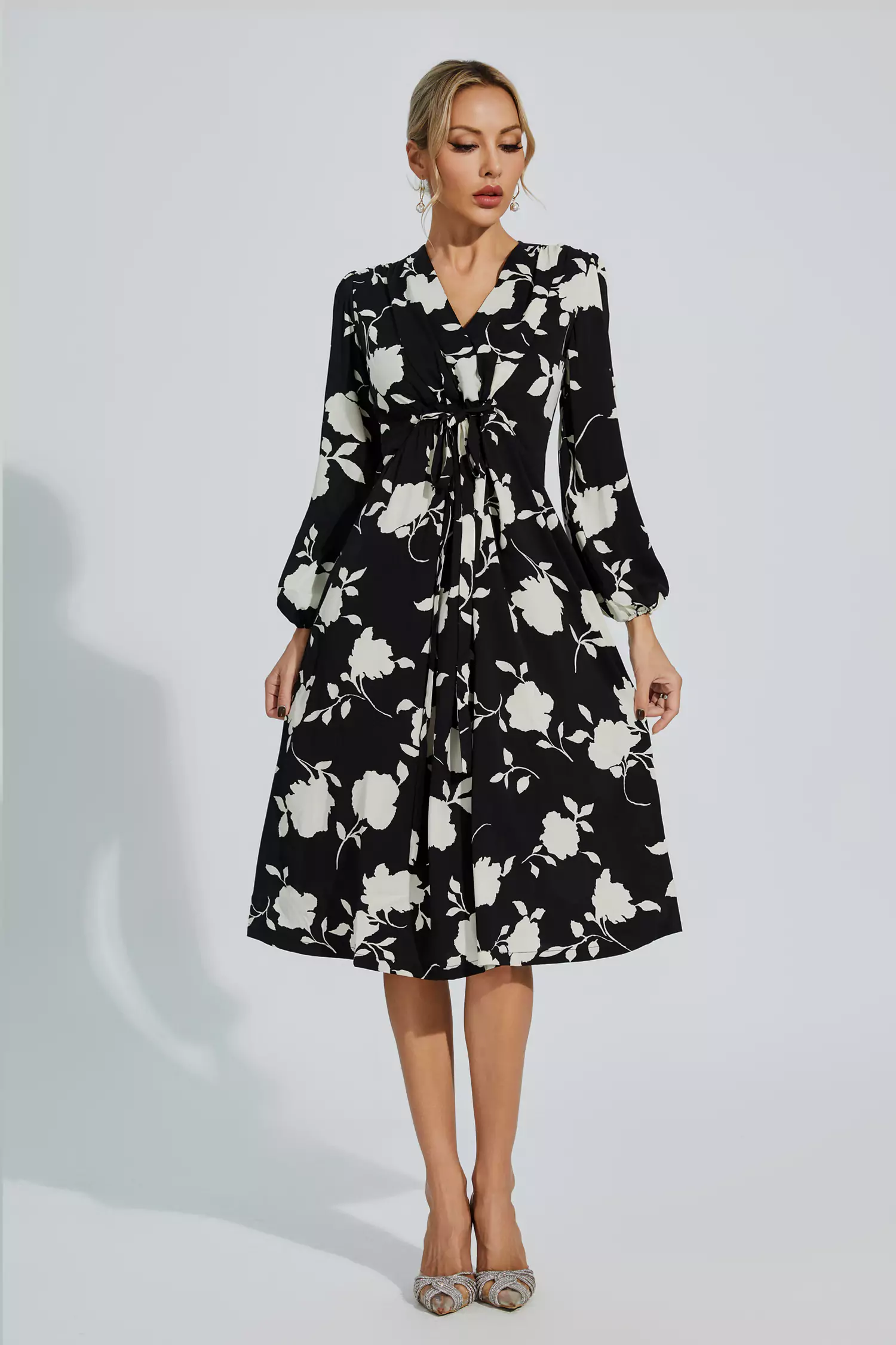 Galilea Black Floral Girded Midi Dress-CATCHALL