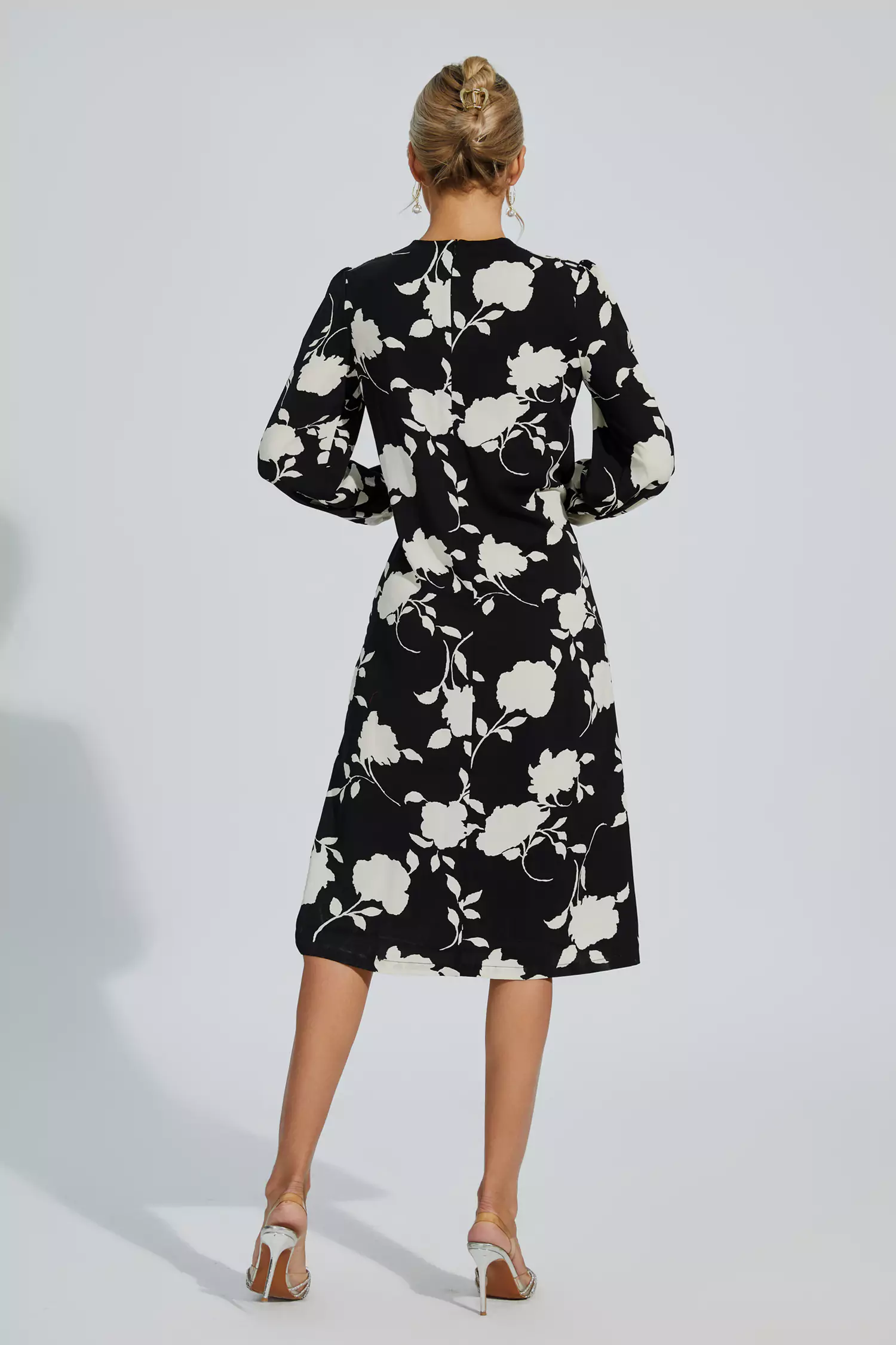 Galilea Black Floral Girded Midi Dress-CATCHALL