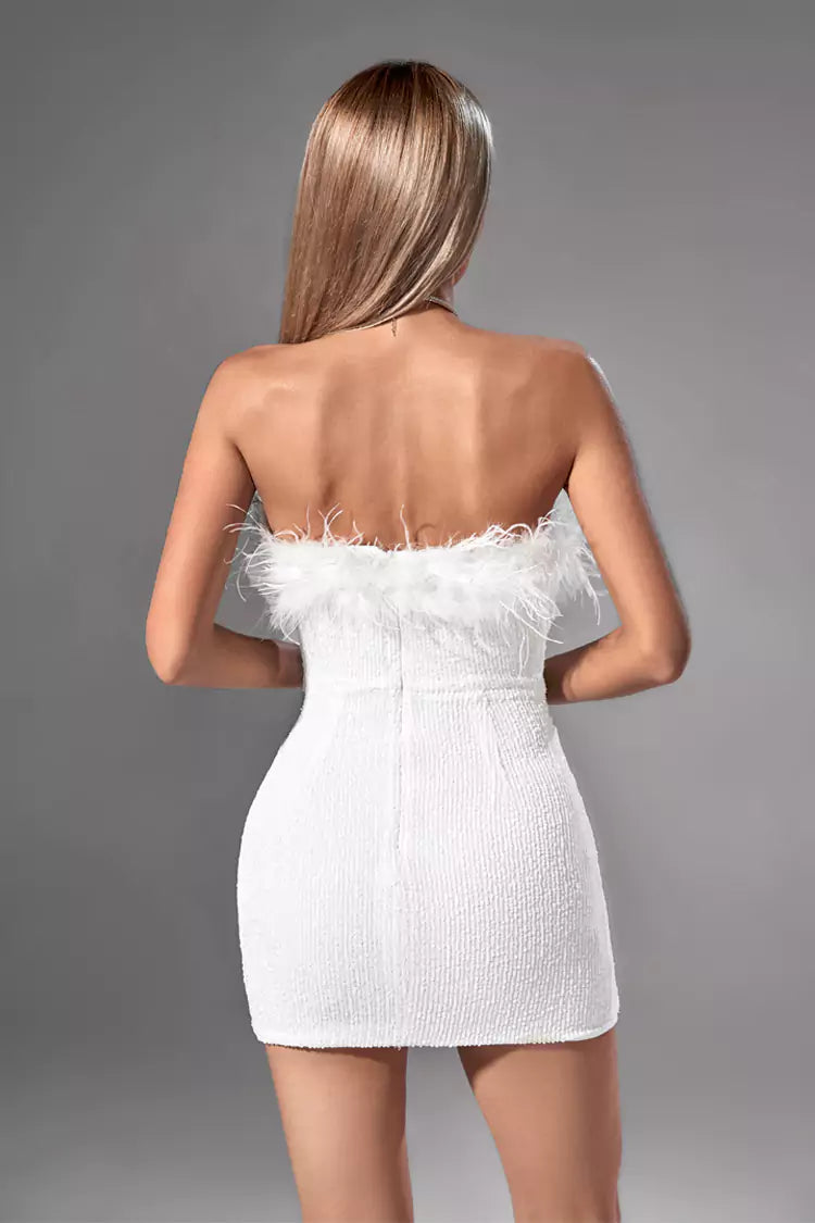 Gemma White Feather Mini Dress-CATCHALL