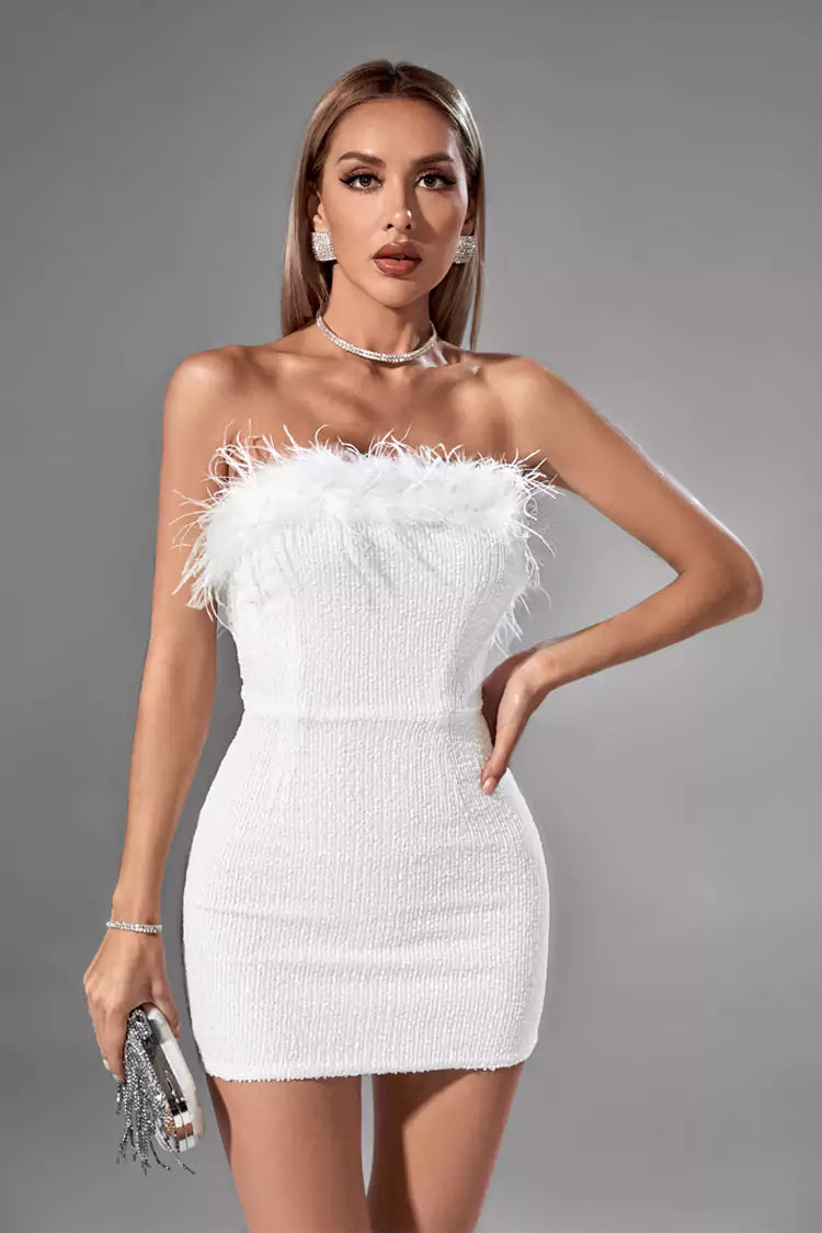 Gemma White Feather Mini Dress-CATCHALL