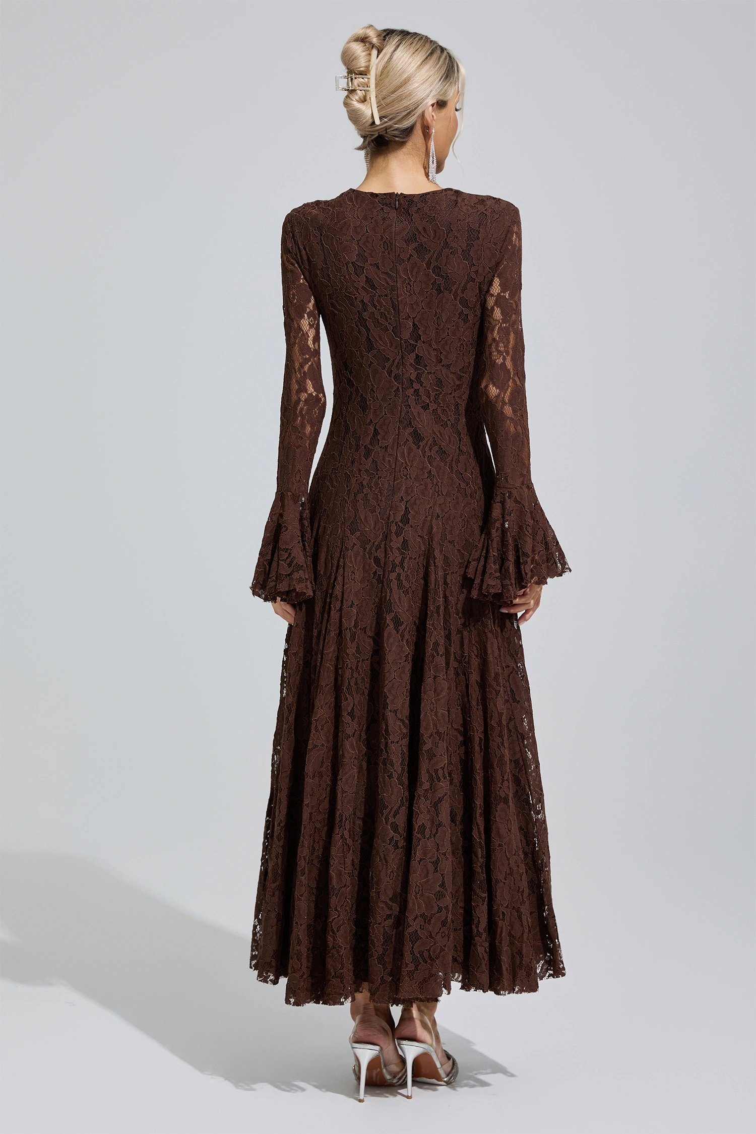 Gertrude Brown Bell Sleeve Lace Dress