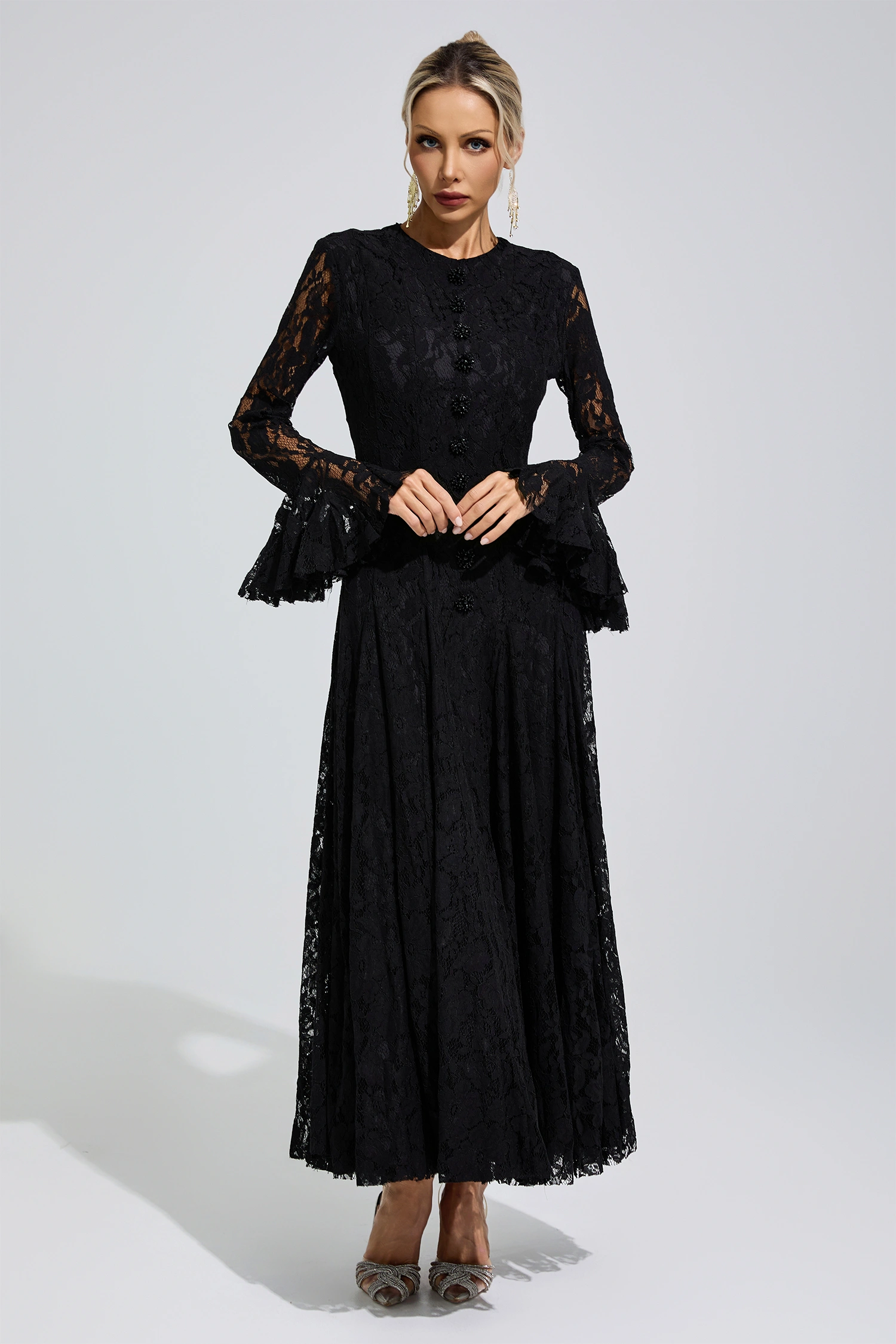 Gertrude Black Bell Sleeve Lace Dress