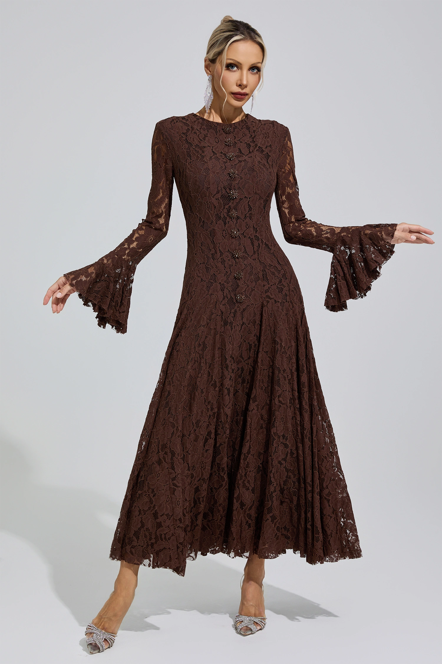 Gertrude Brown Bell Sleeve Lace Dress