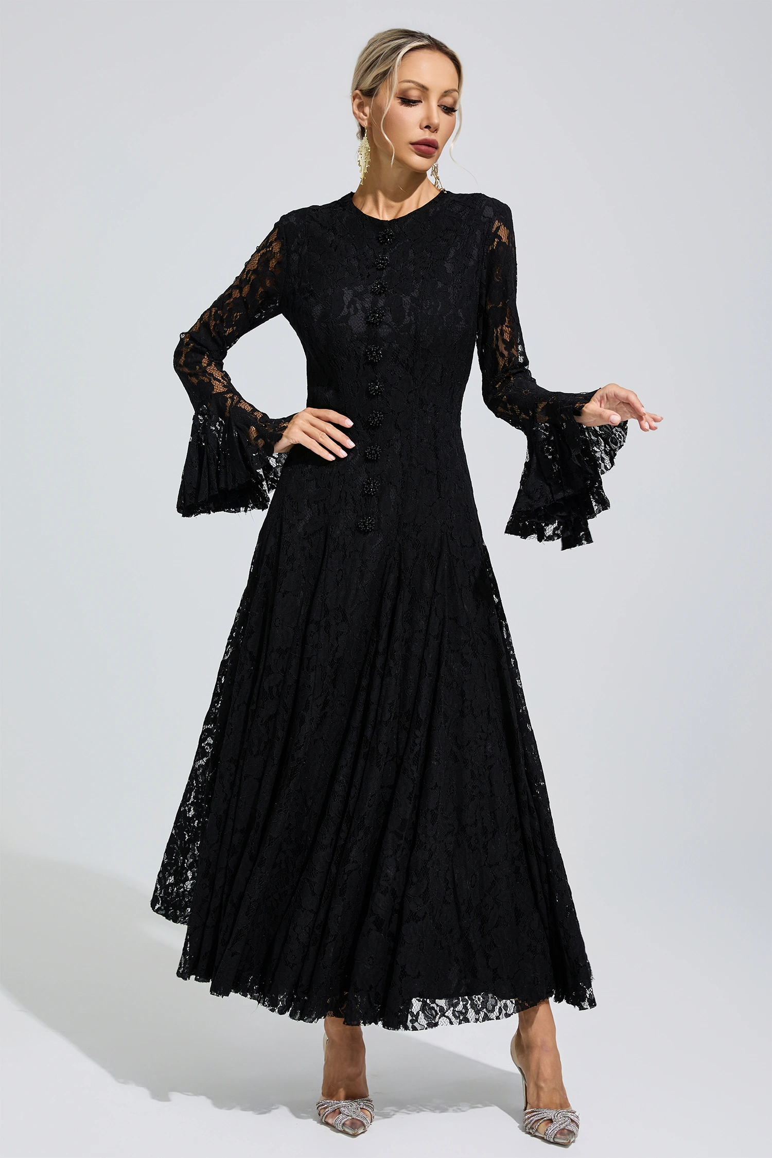 Gertrude Black Bell Sleeve Lace Dress