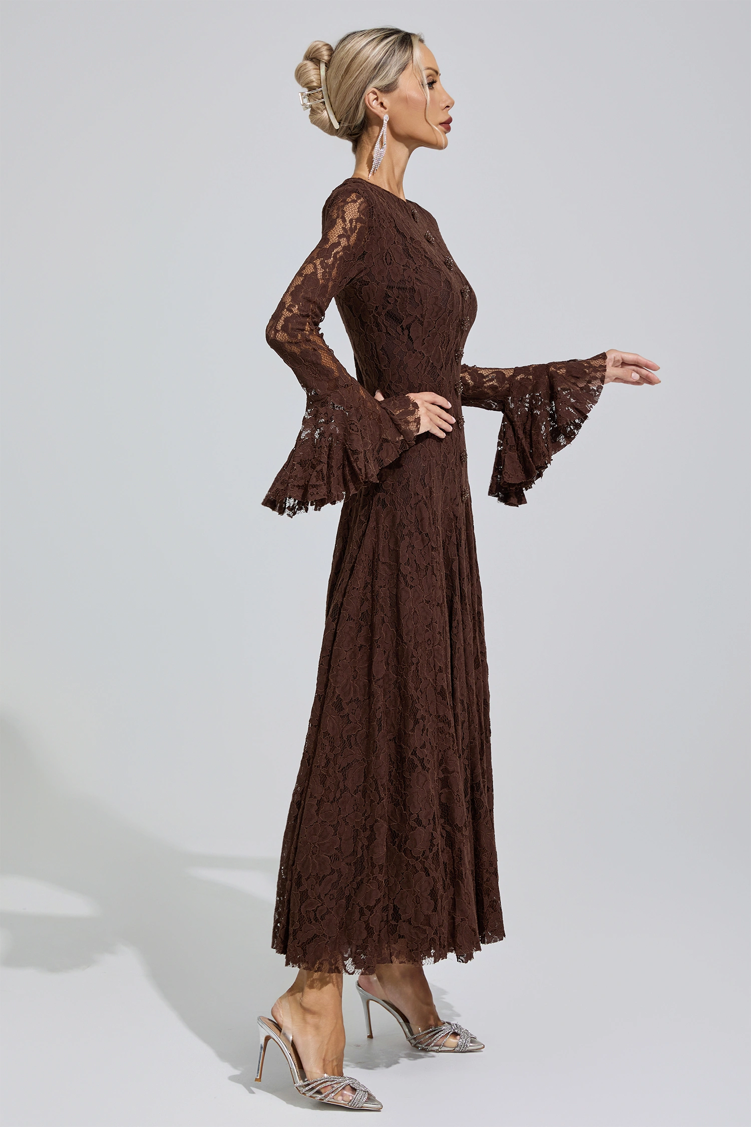 Gertrude Brown Bell Sleeve Lace Dress