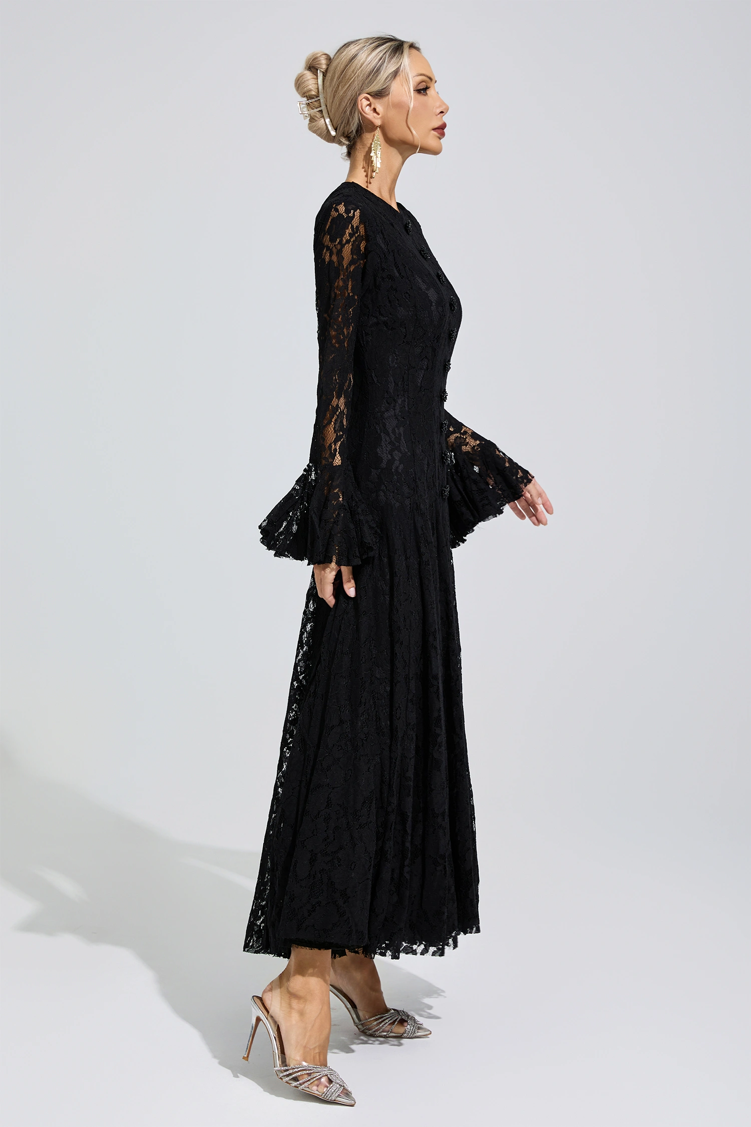 Gertrude Black Bell Sleeve Lace Dress