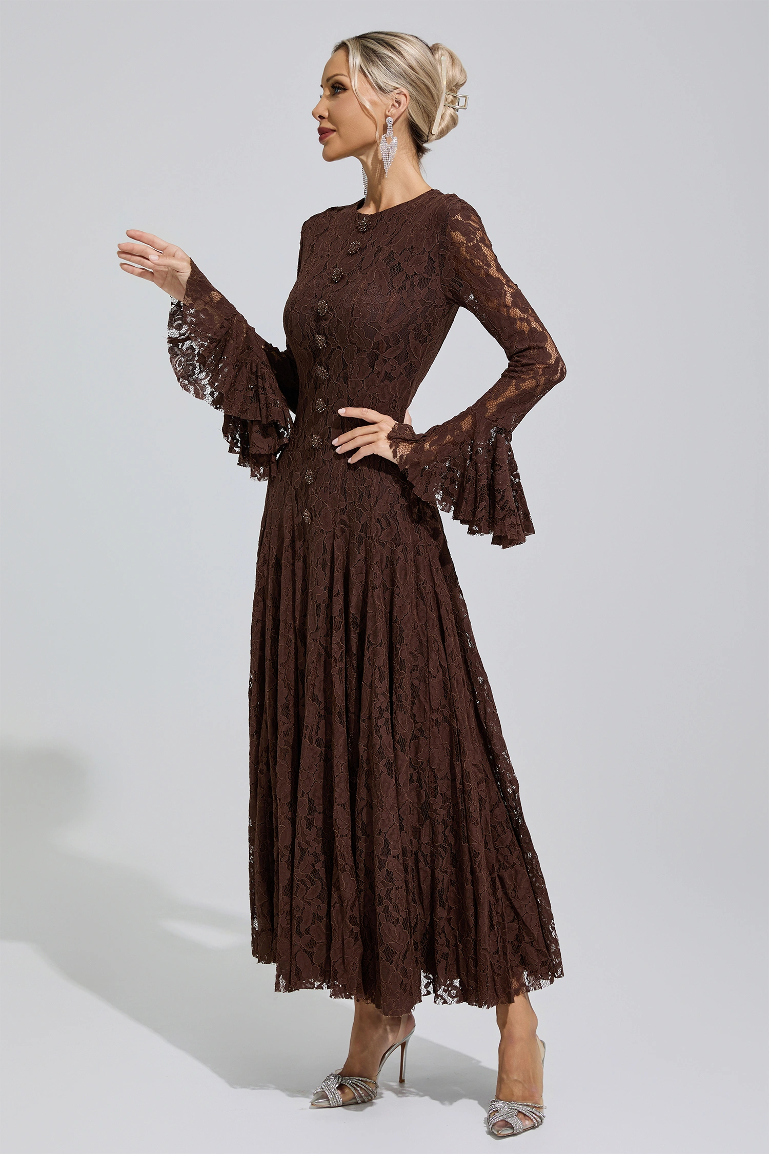 Gertrude Brown Bell Sleeve Lace Dress