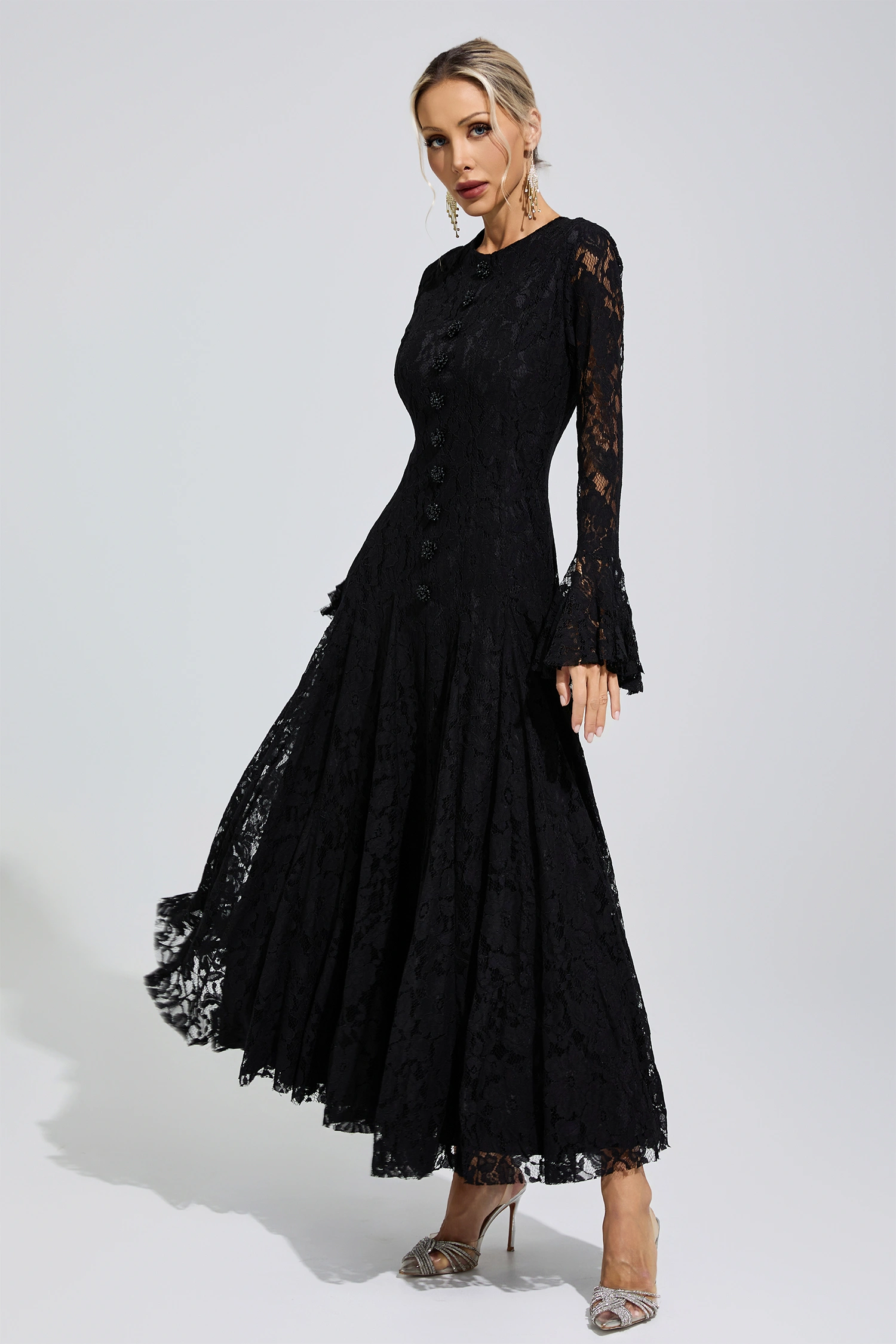 Gertrude Black Bell Sleeve Lace Dress