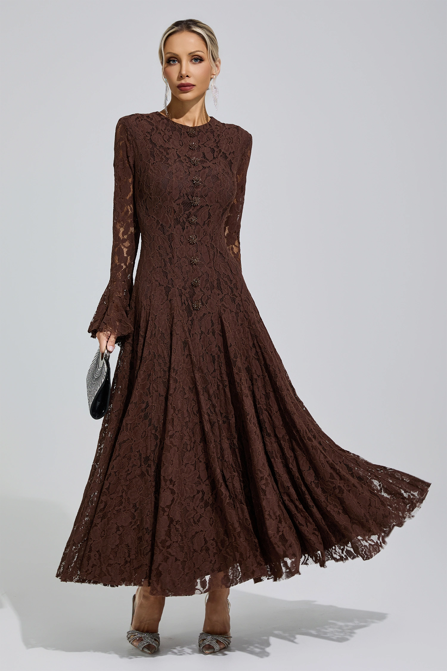 Gertrude Brown Bell Sleeve Lace Dress