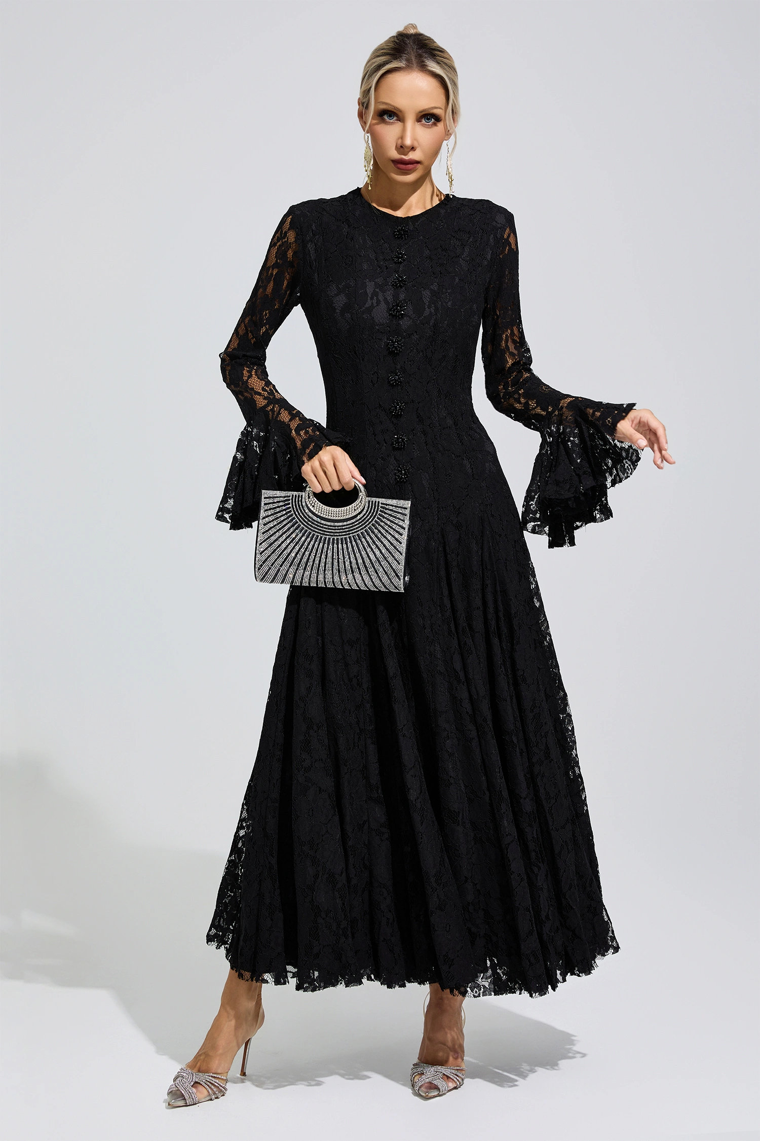 Gertrude Black Bell Sleeve Lace Dress
