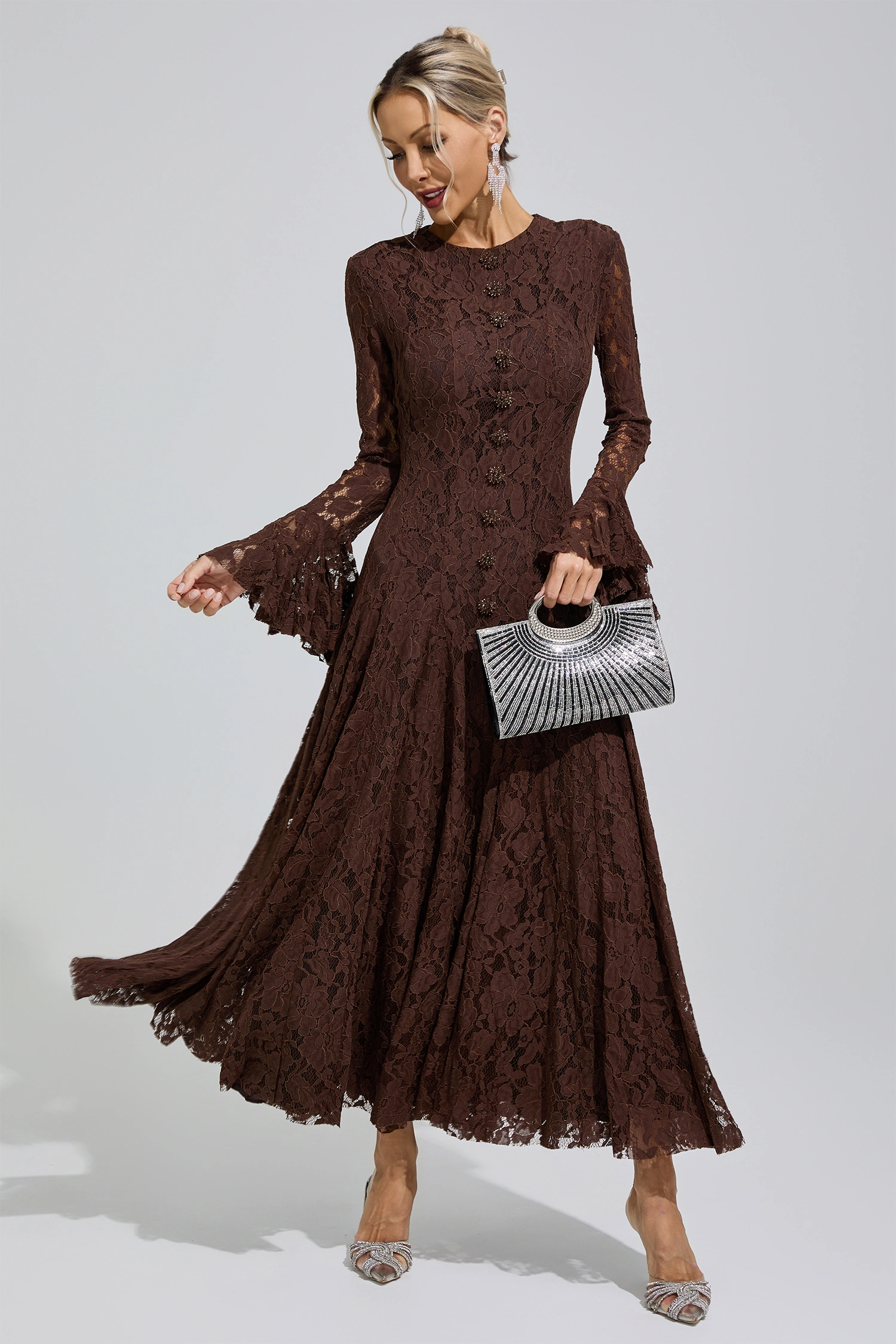Gertrude Brown Bell Sleeve Lace Dress