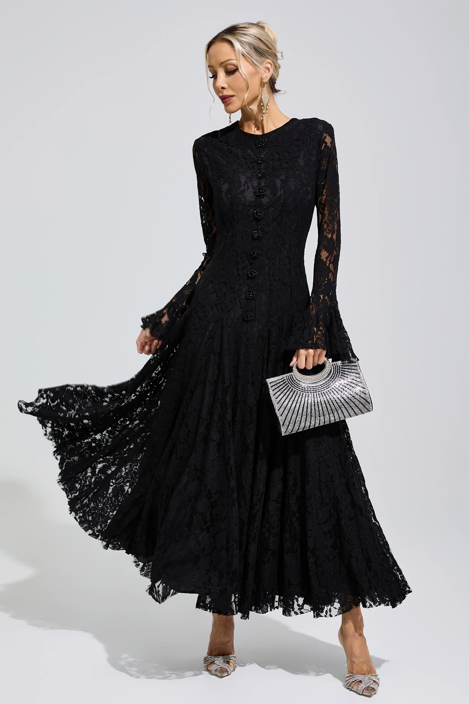 Gertrude Black Bell Sleeve Lace Dress