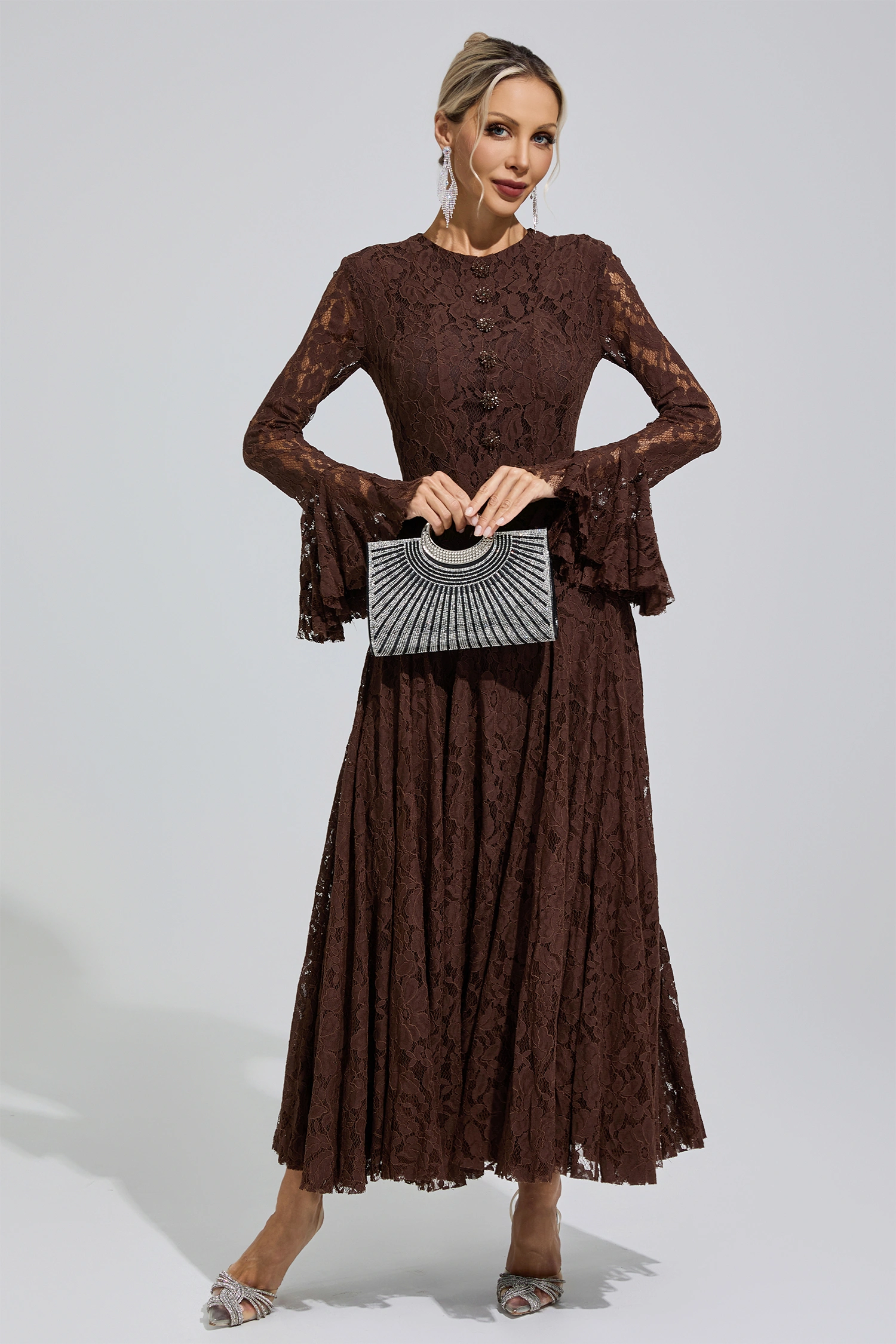 Gertrude Brown Bell Sleeve Lace Dress