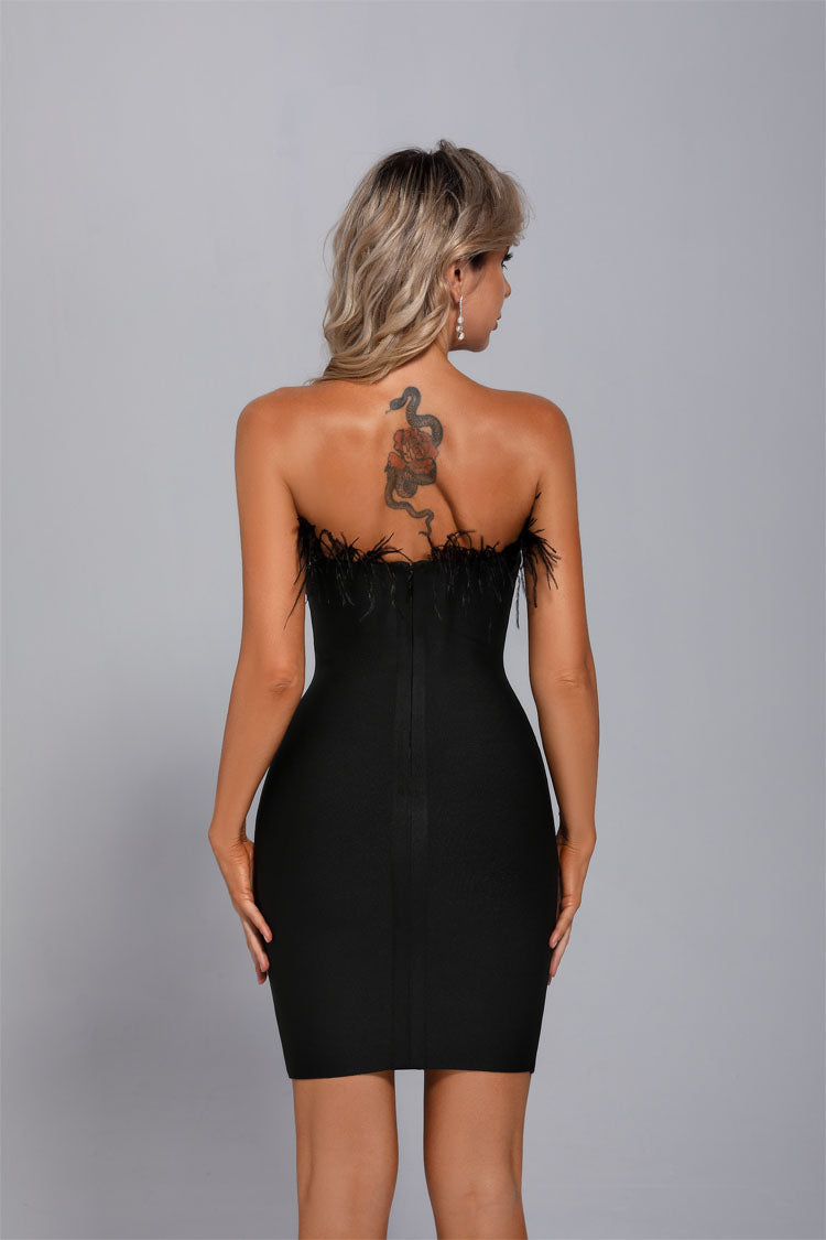 Grace Black Strapless Feather Mini Dress-CATCHALL