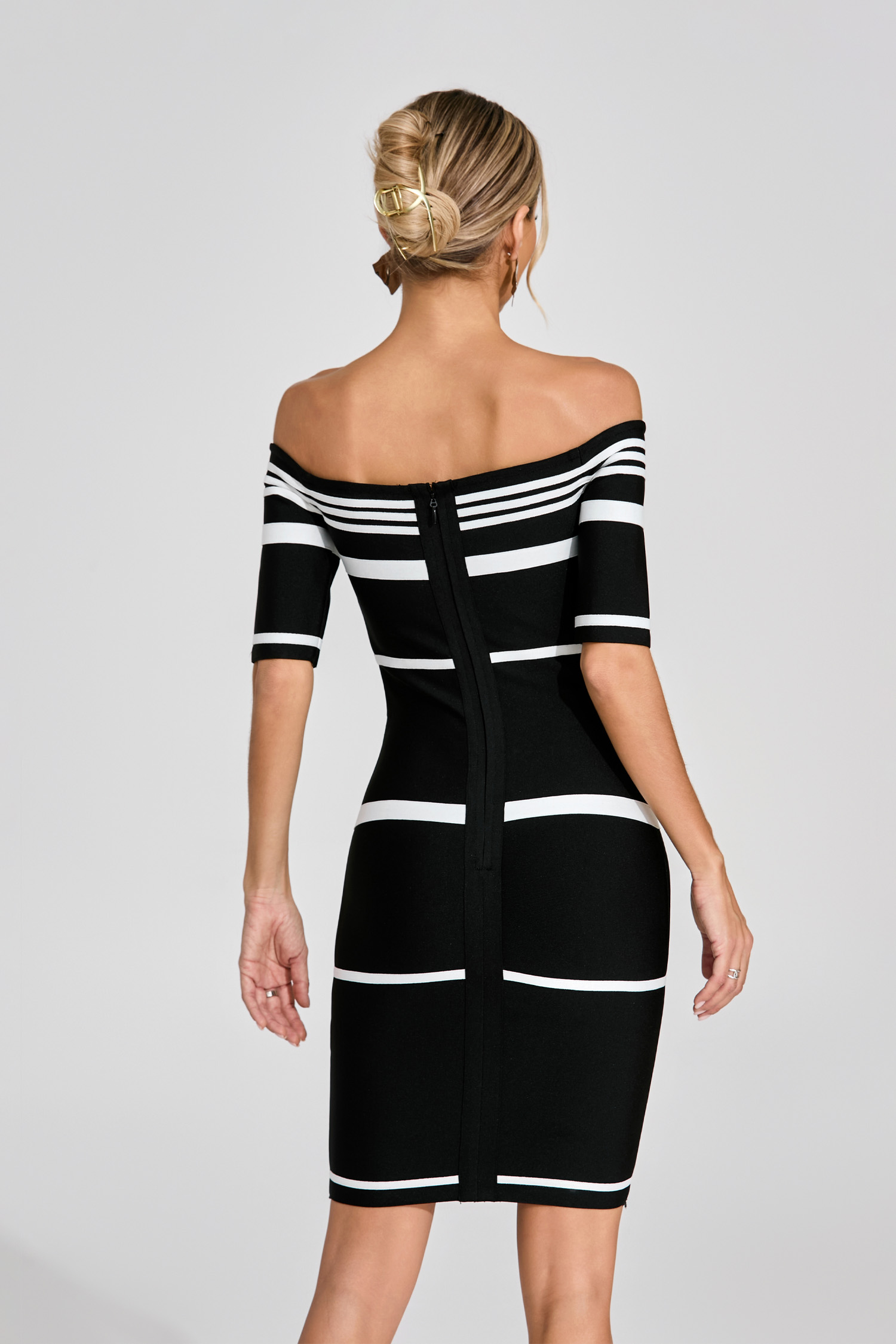Gregary Black Striped Off Shoulder Dress