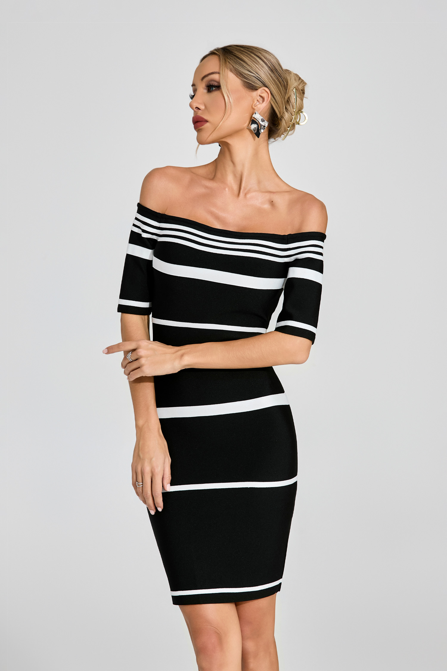 Gregary Black Striped Off Shoulder Dress