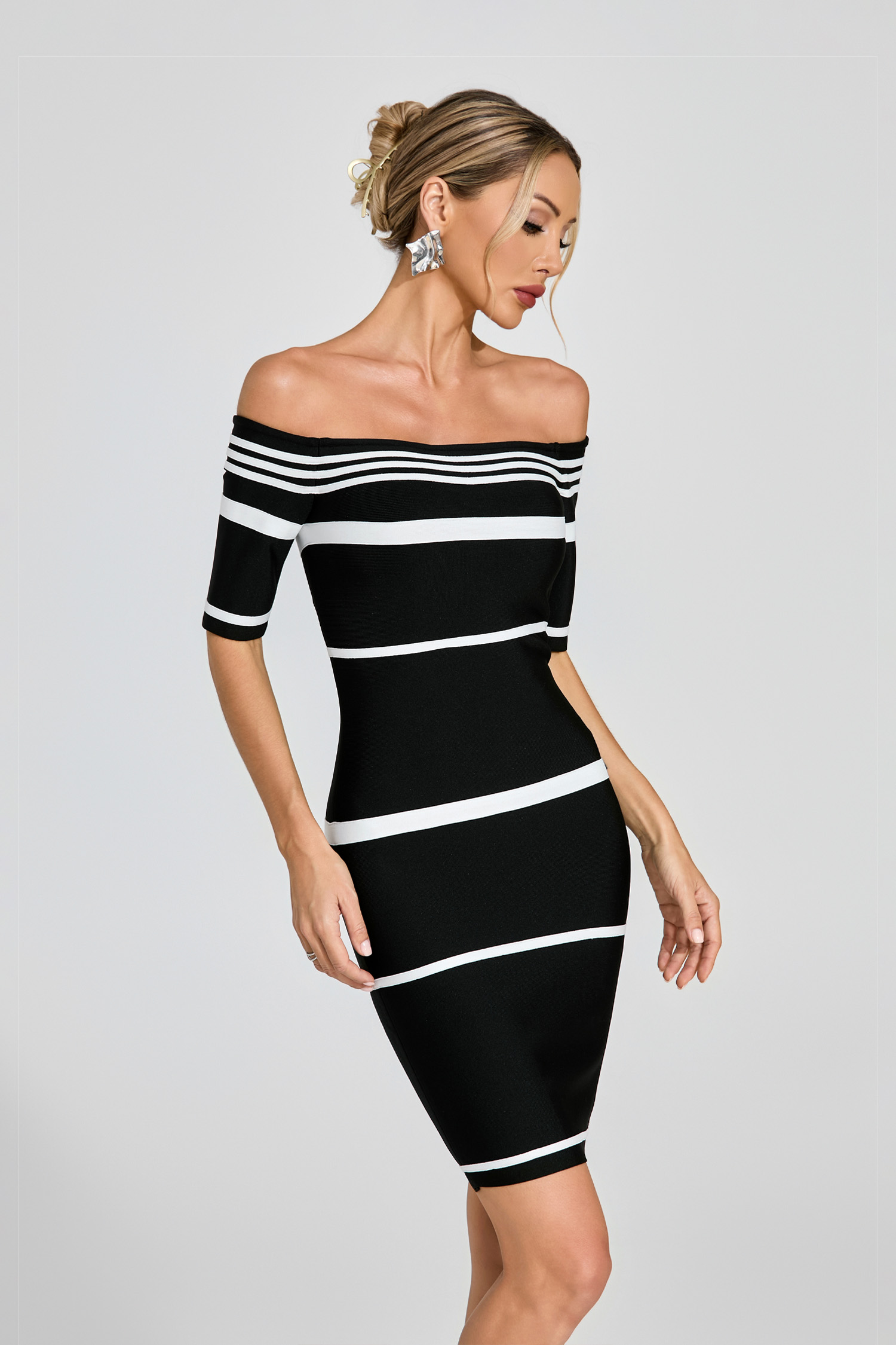 Gregary Black Striped Off Shoulder Dress