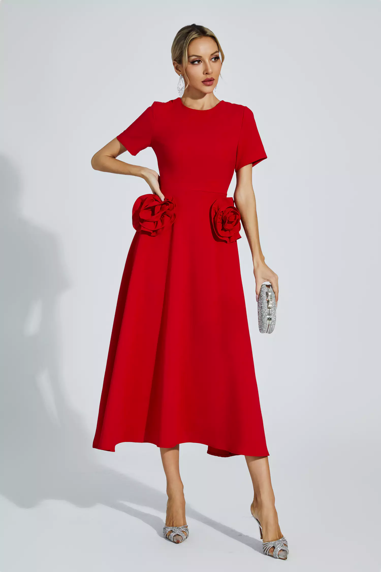 Greta Red Flower Midi Dress-CATCHALL