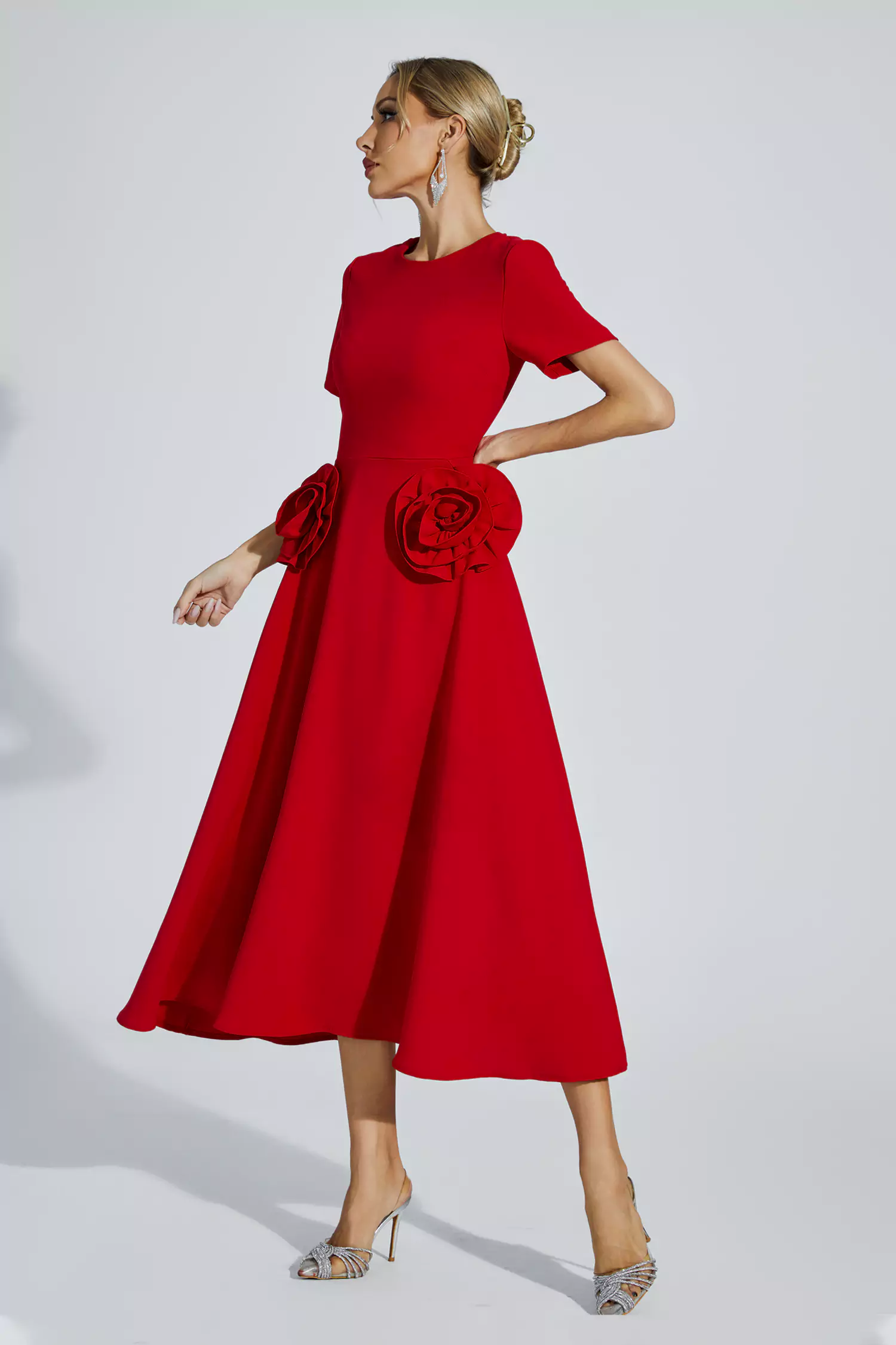 Greta Red Flower Midi Dress-CATCHALL