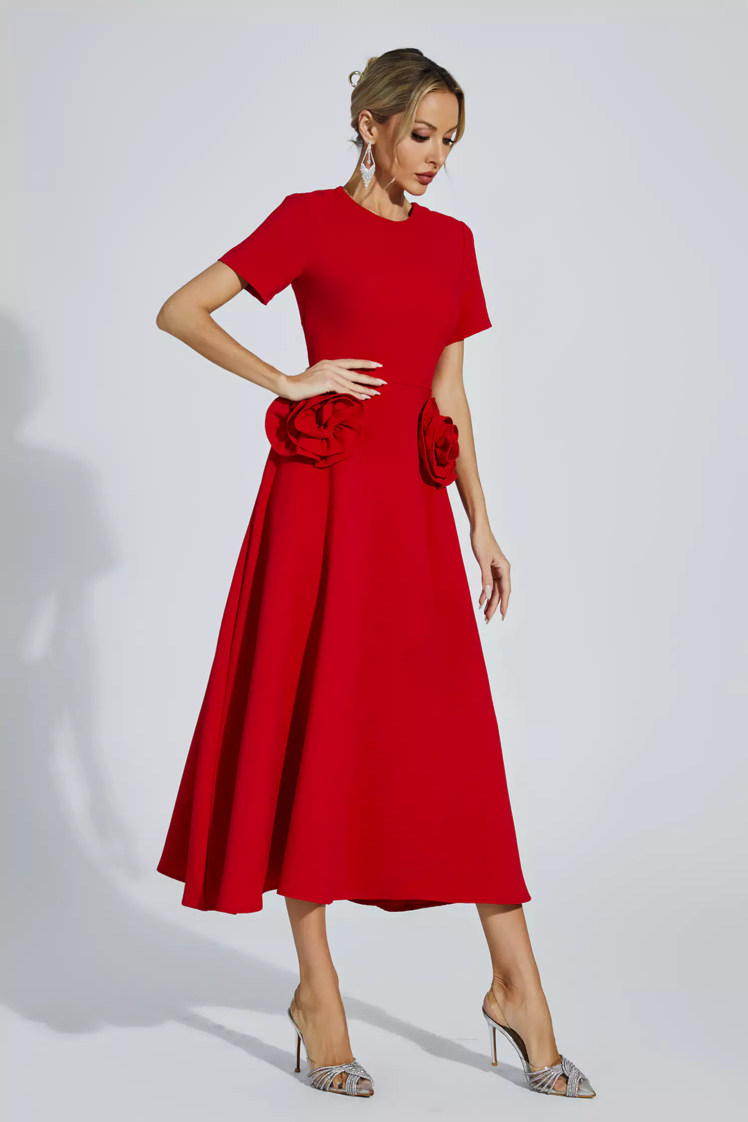 Greta Red Flower Midi Dress-CATCHALL