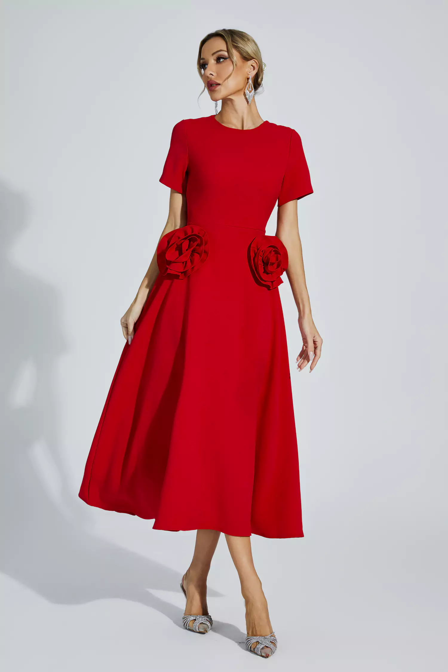 Greta Red Flower Midi Dress-CATCHALL