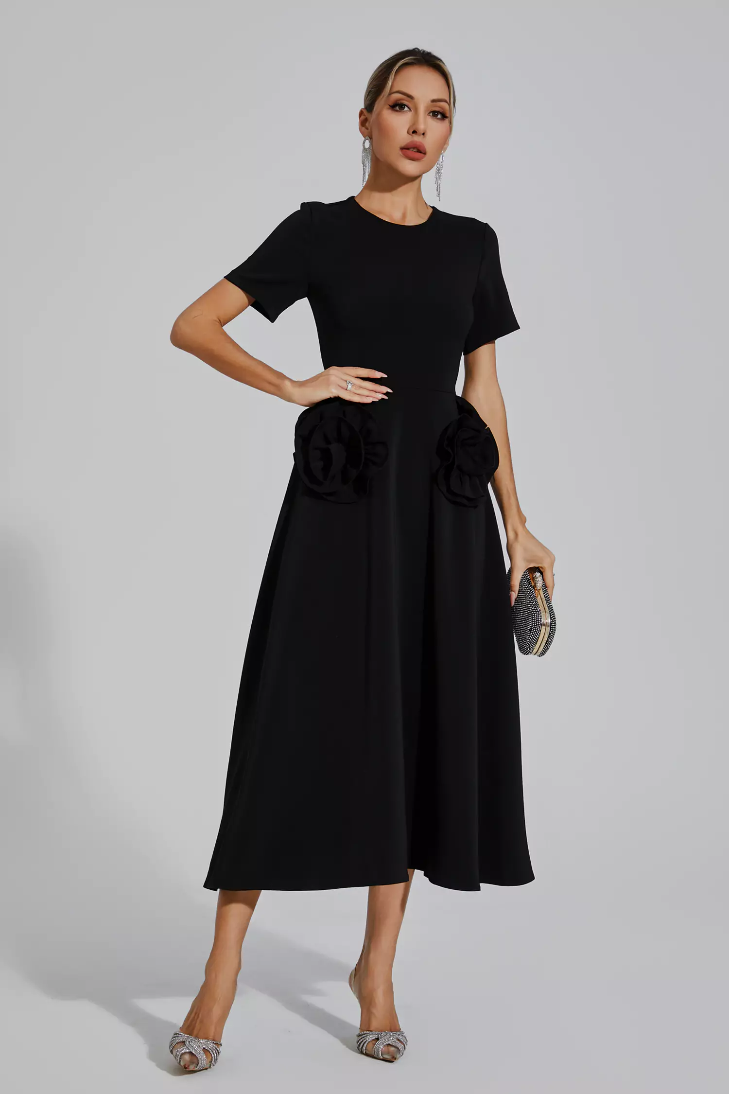 Greta Black Flower Midi Dress-CATCHALL
