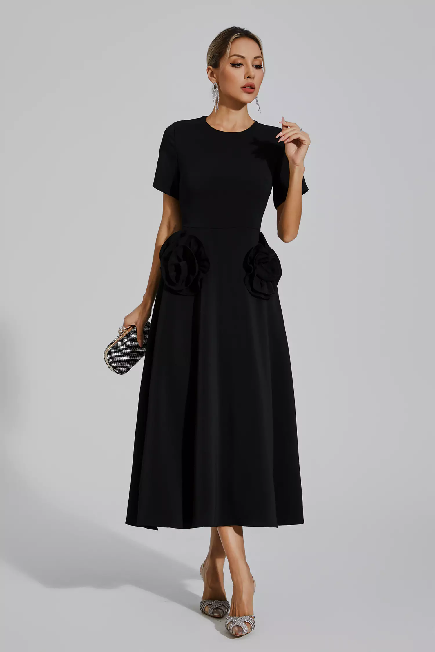 Greta Black Flower Midi Dress-CATCHALL