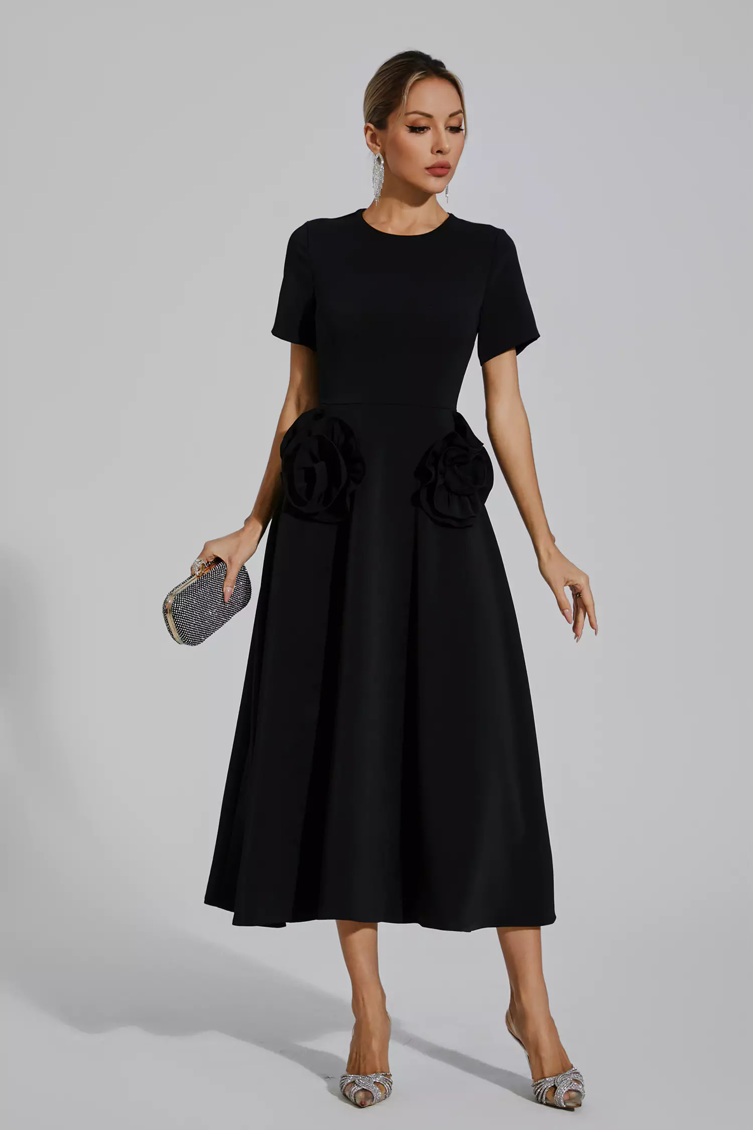 Greta Black Flower Midi Dress-CATCHALL