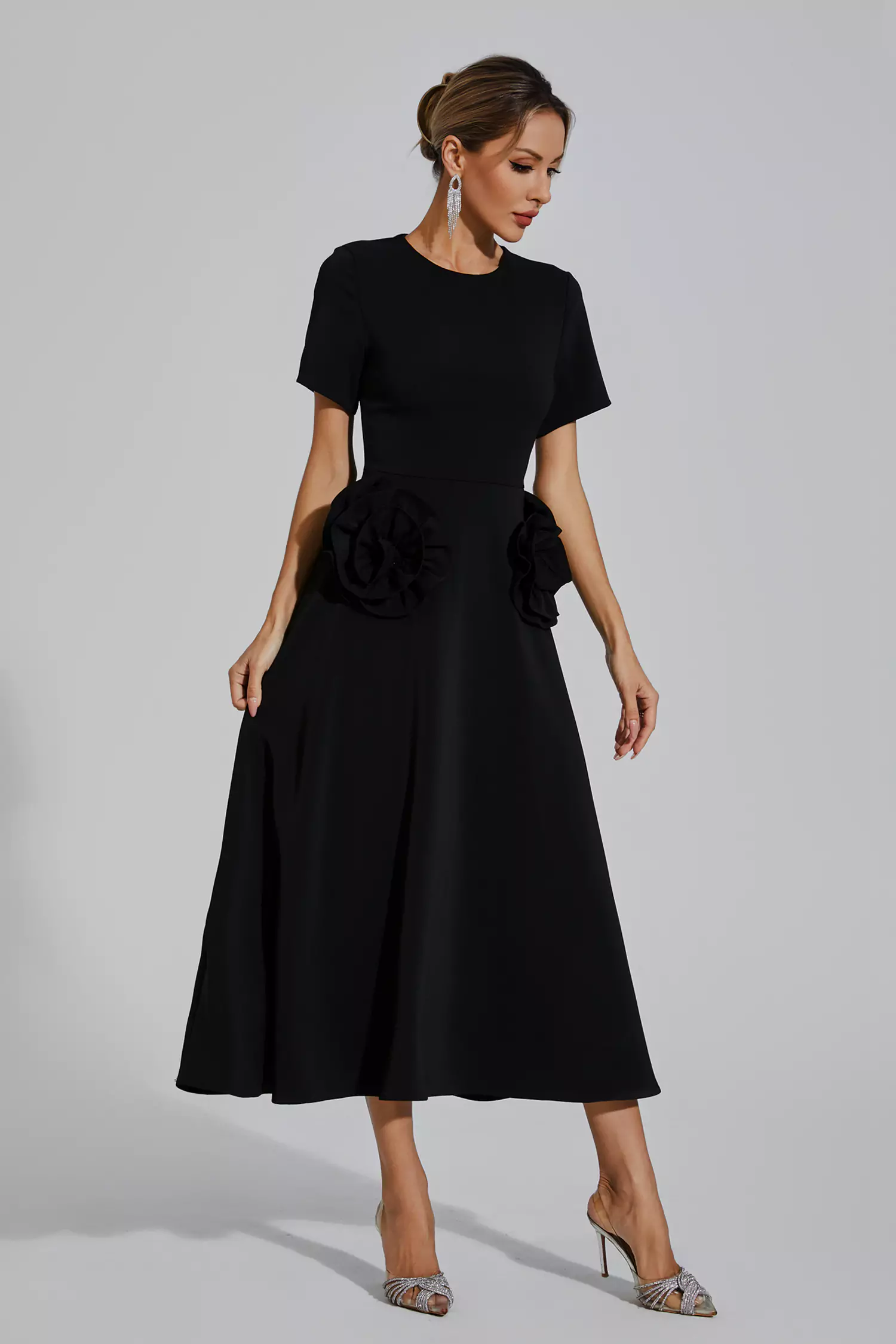Greta Black Flower Midi Dress-CATCHALL