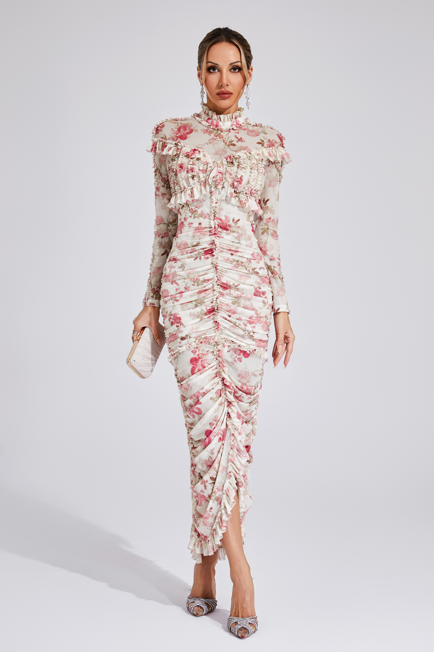 Gunter Pink Ruched Floral Long Sleeve Dress