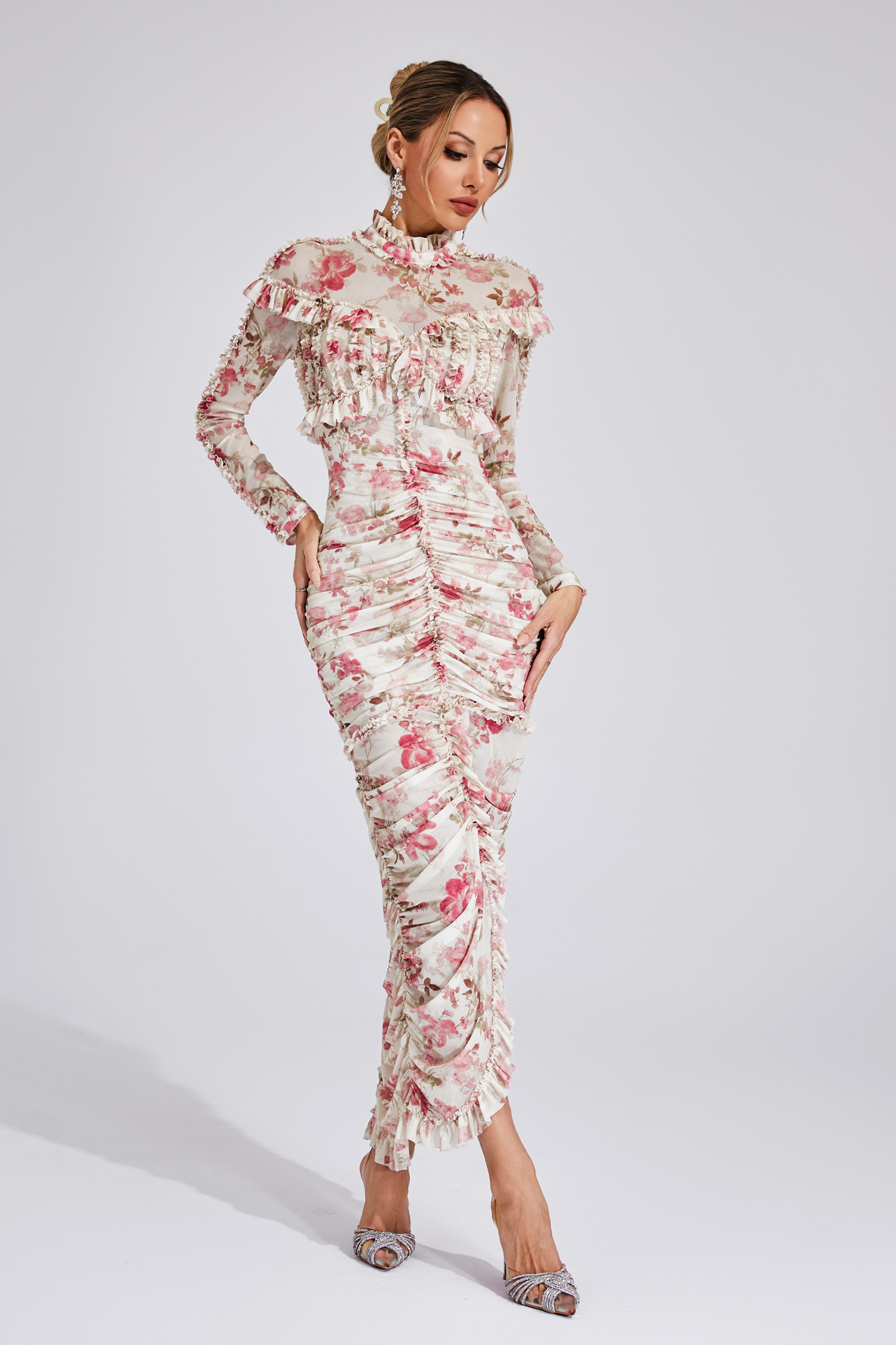 Gunter Pink Ruched Floral Long Sleeve Dress