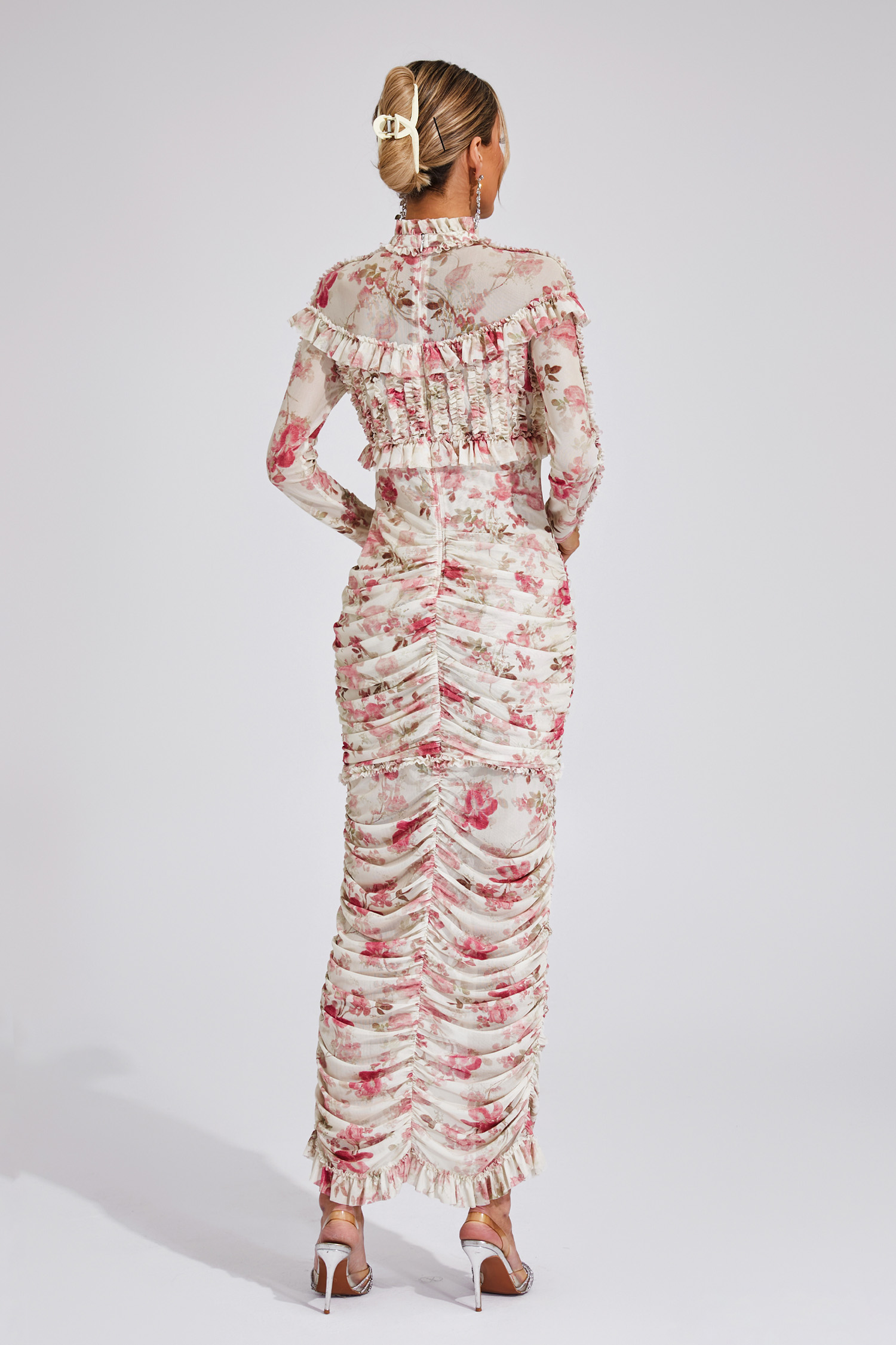 Gunter Pink Ruched Floral Long Sleeve Dress