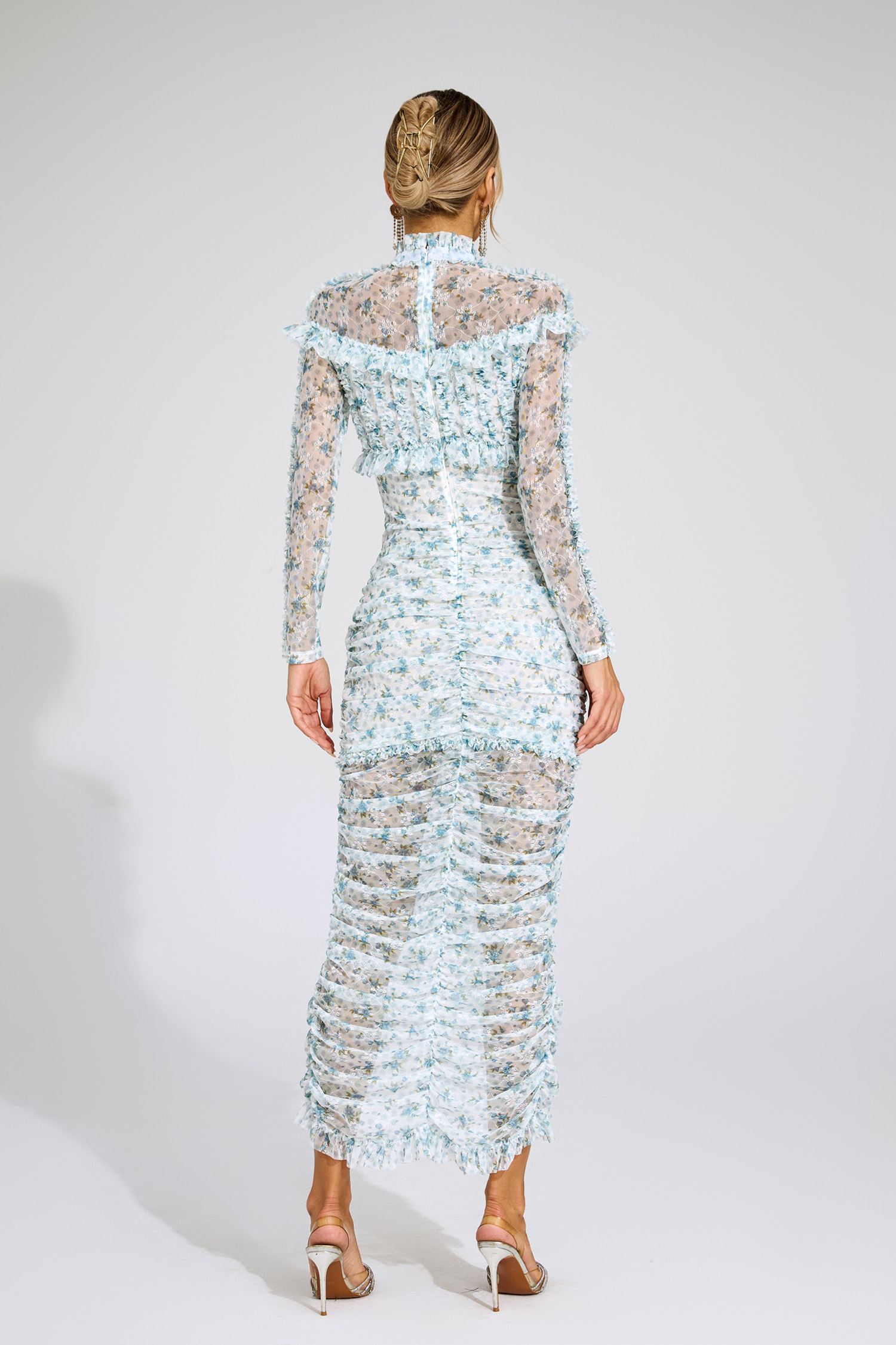 Gunter Blue Ruched Floral Long Sleeve Dress