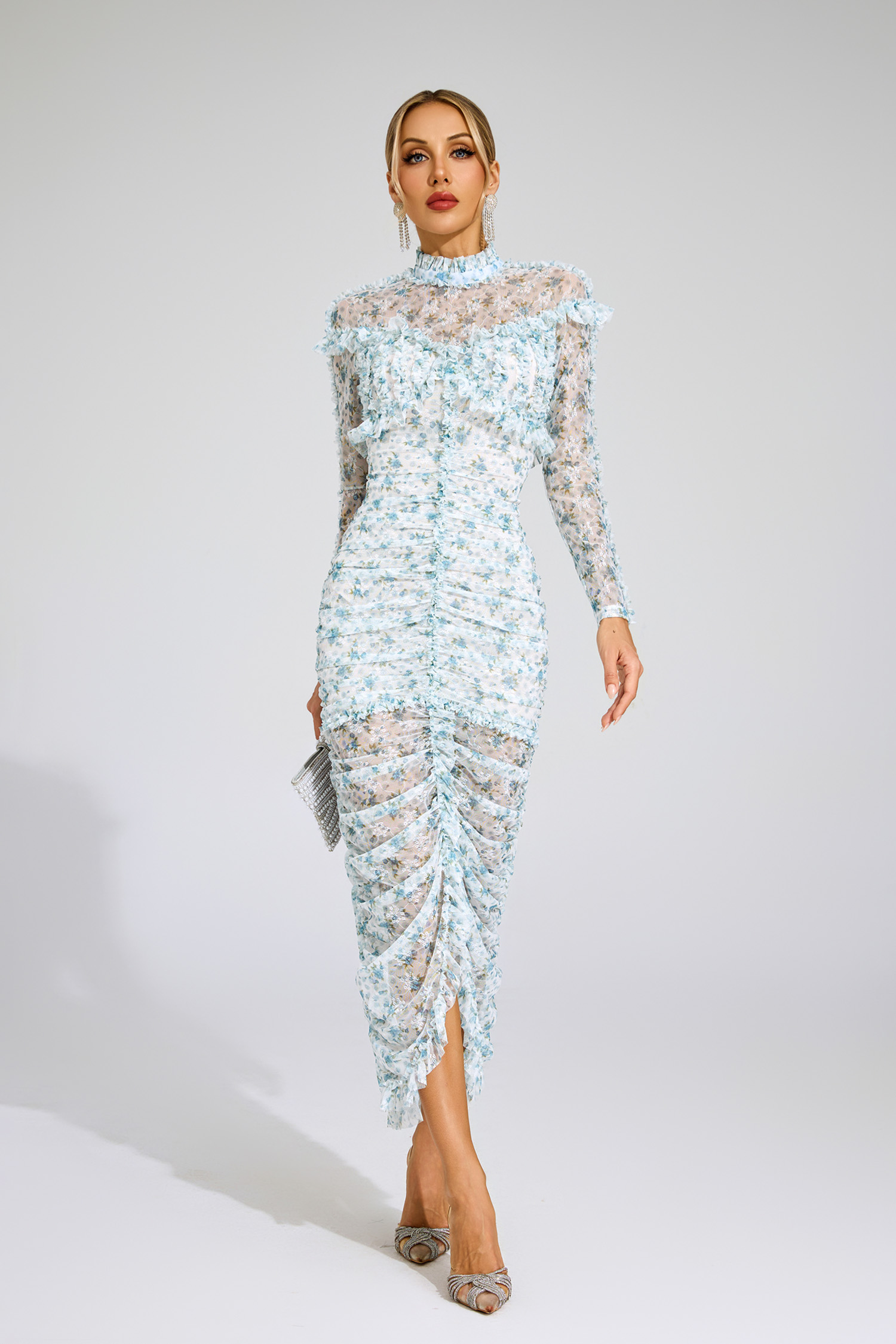 Gunter Blue Ruched Floral Long Sleeve Dress