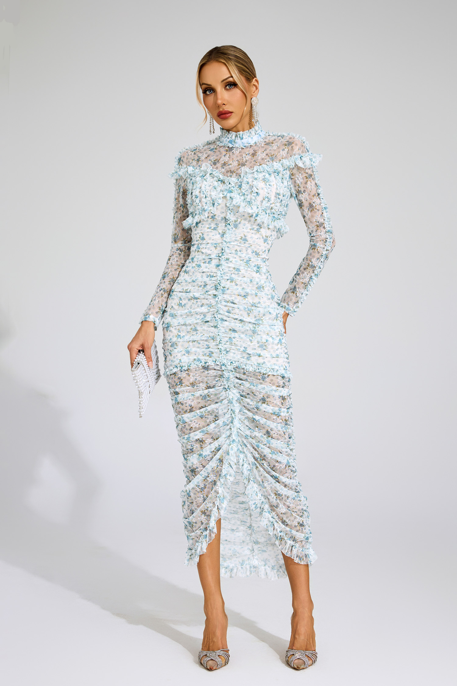 Gunter Blue Ruched Floral Long Sleeve Dress
