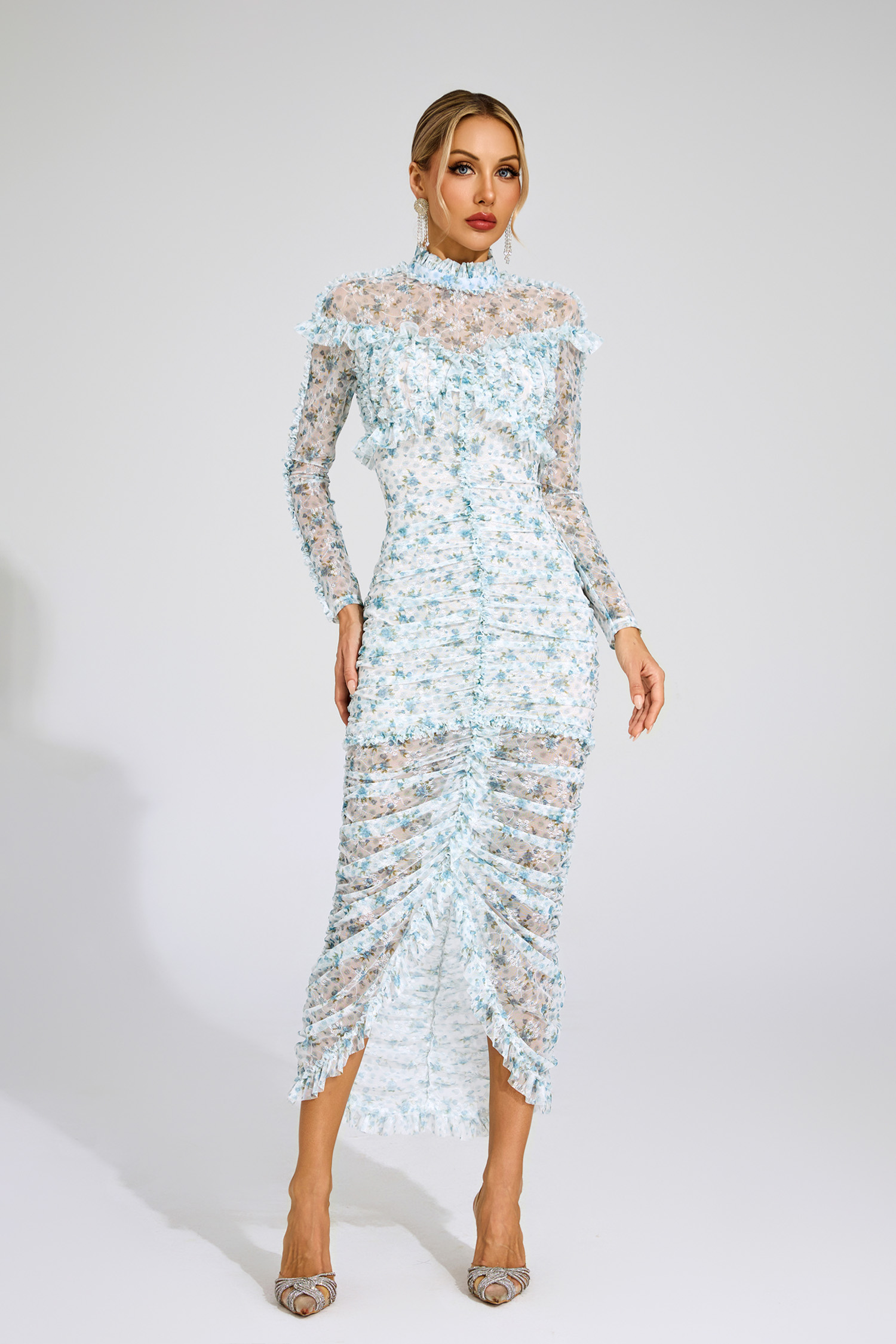 Gunter Blue Ruched Floral Long Sleeve Dress