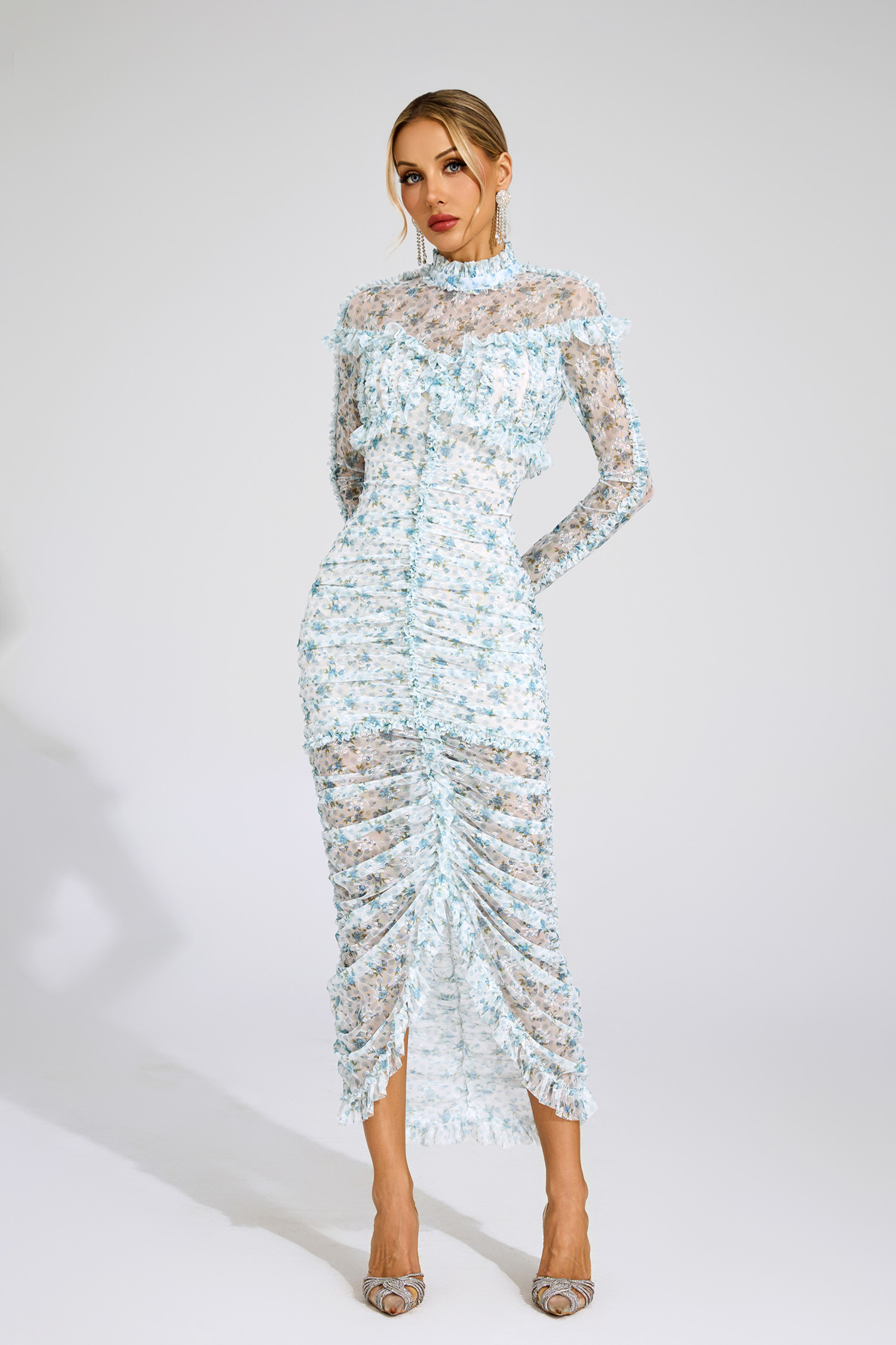 Gunter Blue Ruched Floral Long Sleeve Dress