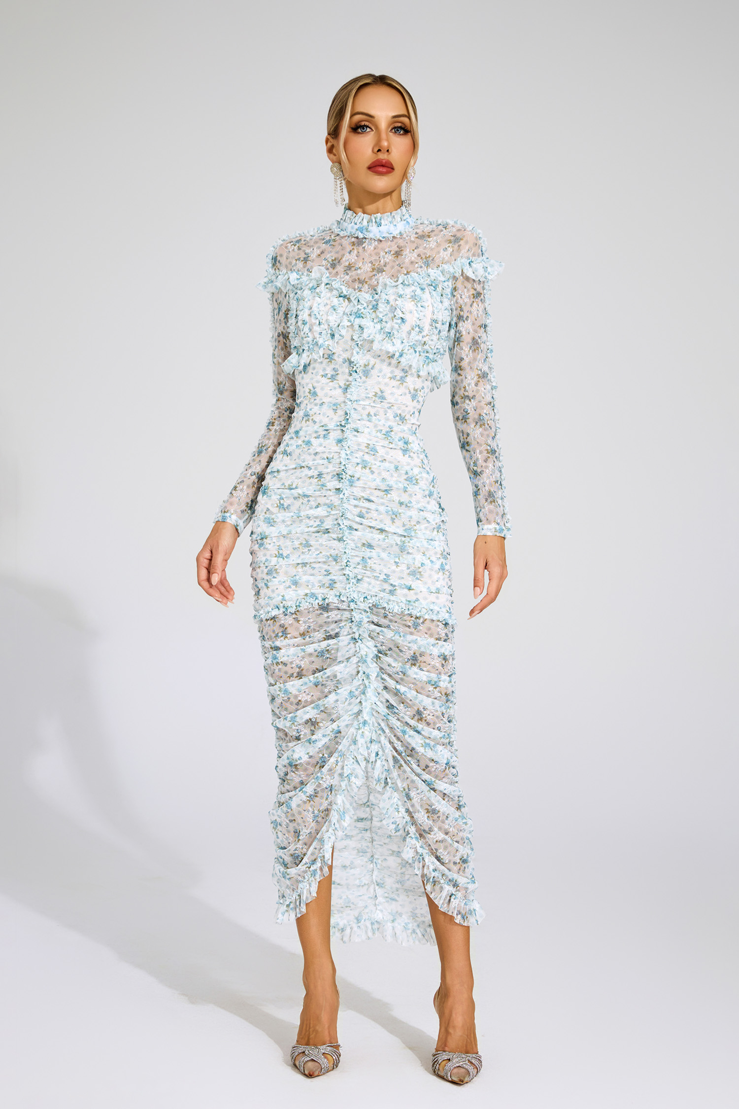 Gunter Blue Ruched Floral Long Sleeve Dress