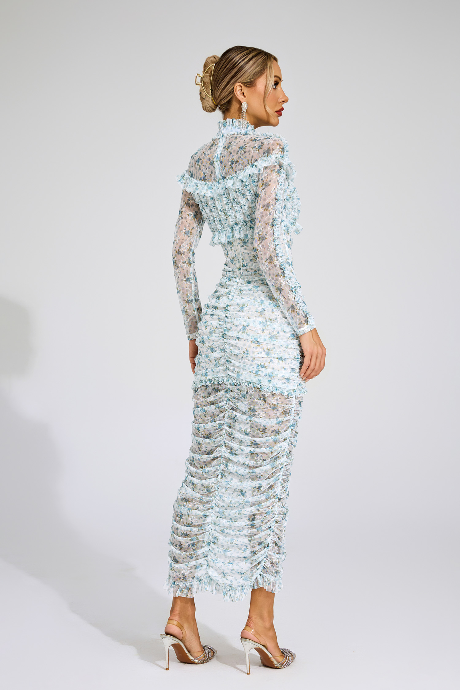 Gunter Blue Ruched Floral Long Sleeve Dress