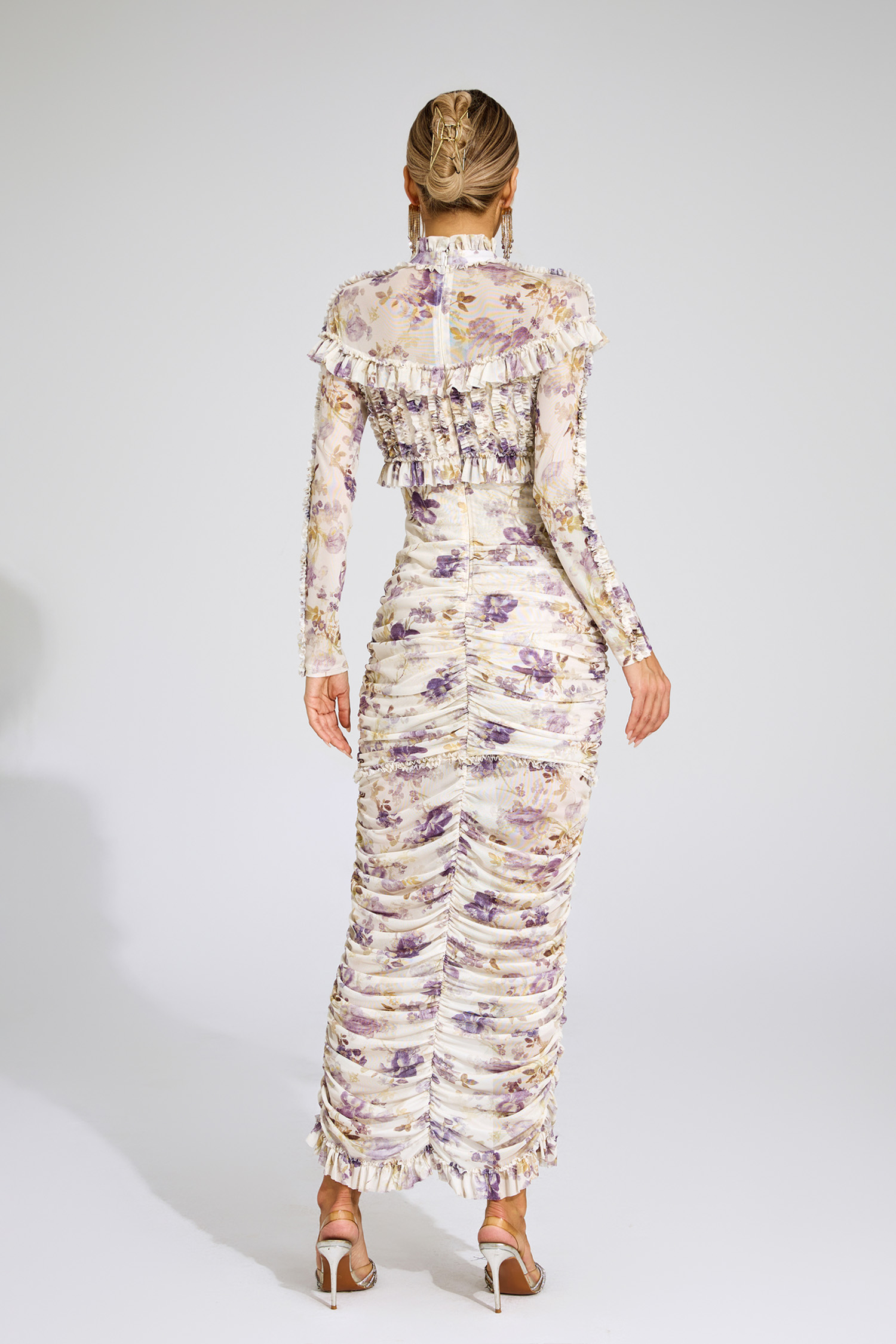 Gunter Purple Ruched Floral Long Sleeve Dress