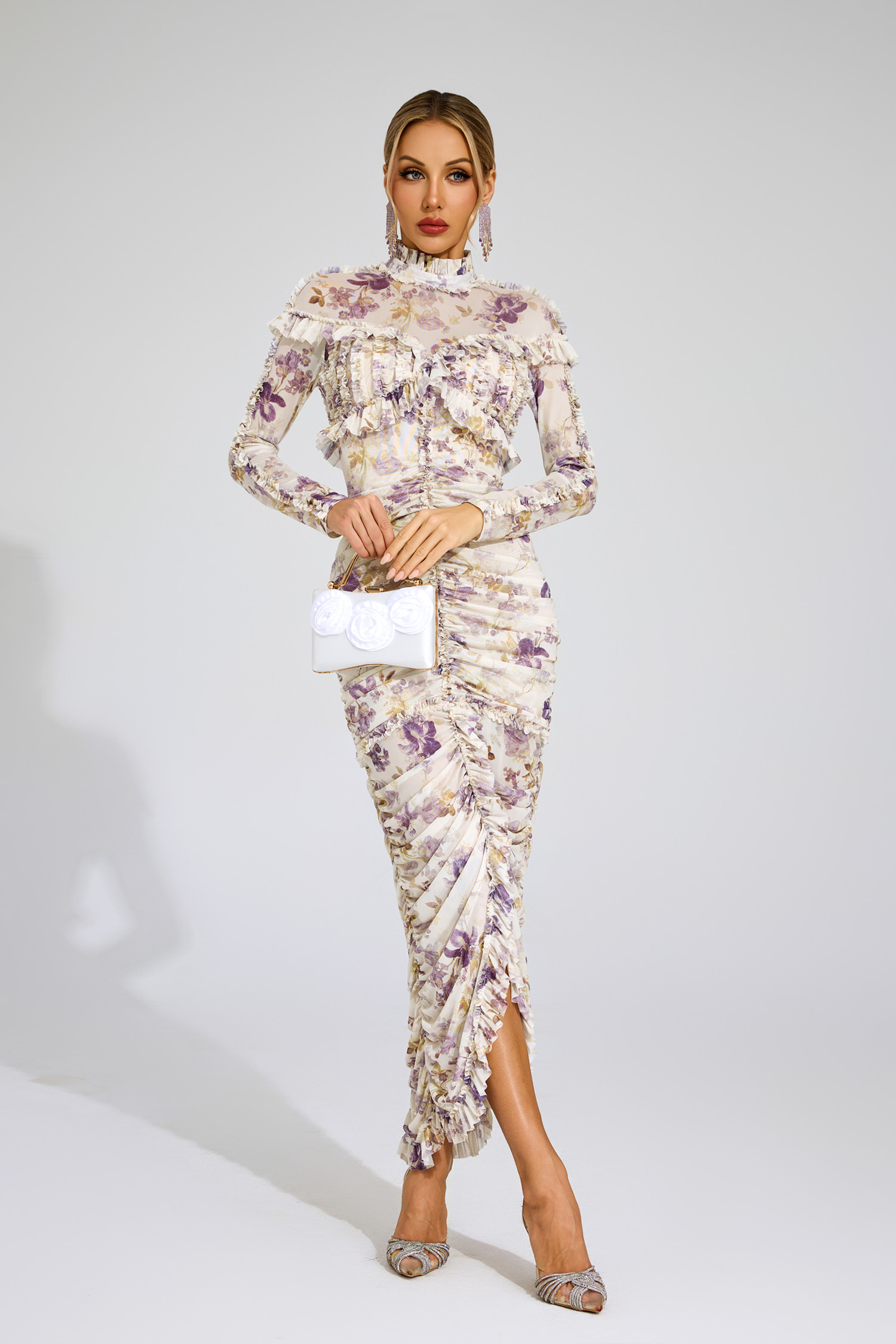 Gunter Purple Ruched Floral Long Sleeve Dress