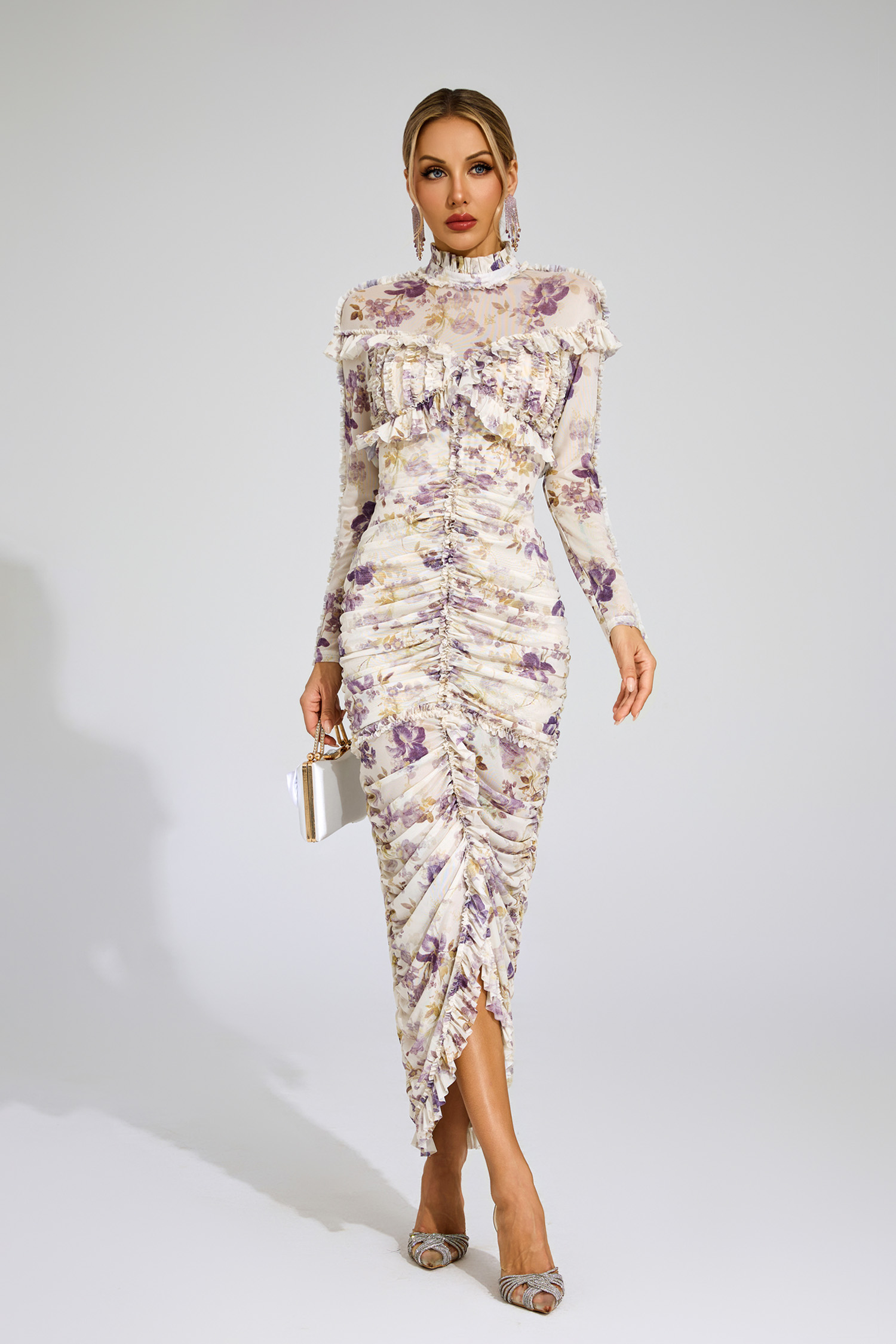 Gunter Purple Ruched Floral Long Sleeve Dress