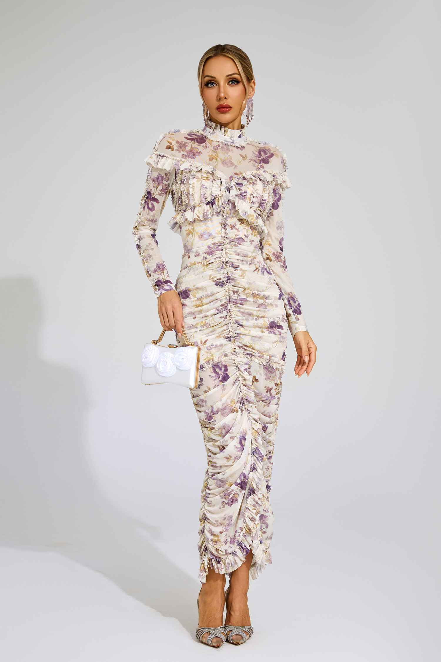 Gunter Purple Ruched Floral Long Sleeve Dress