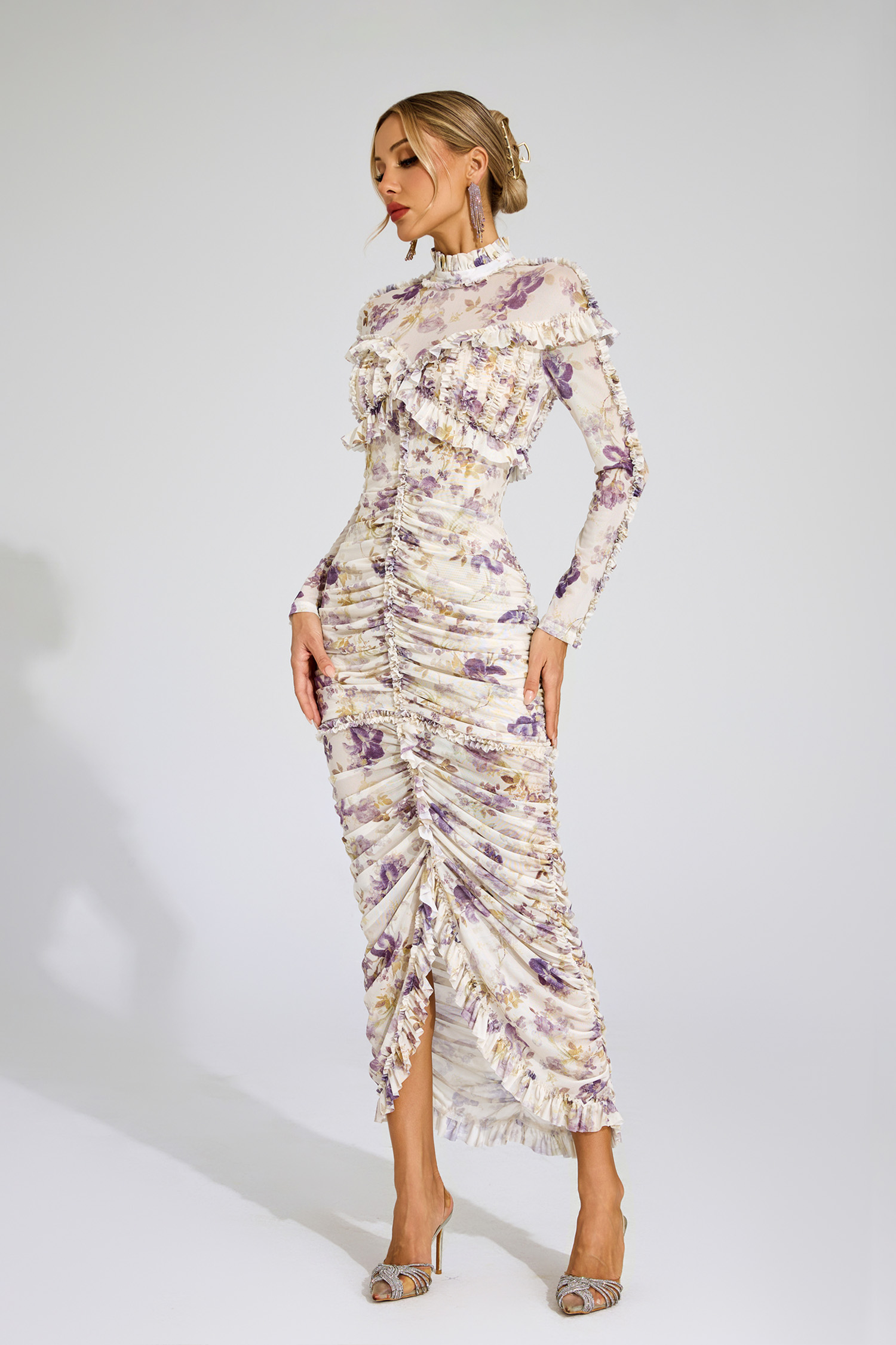 Gunter Purple Ruched Floral Long Sleeve Dress