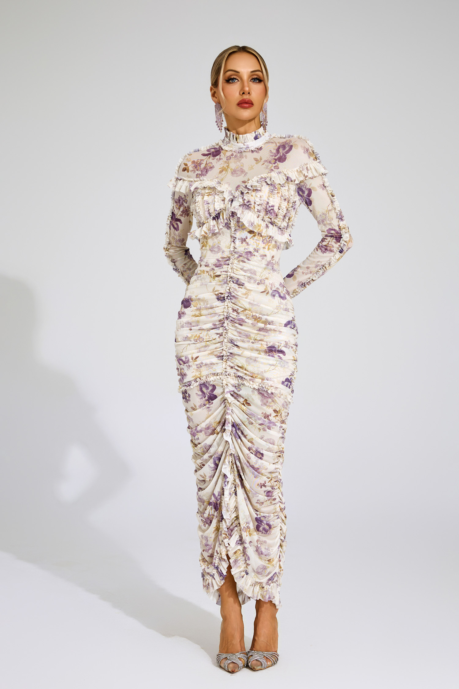Gunter Purple Ruched Floral Long Sleeve Dress