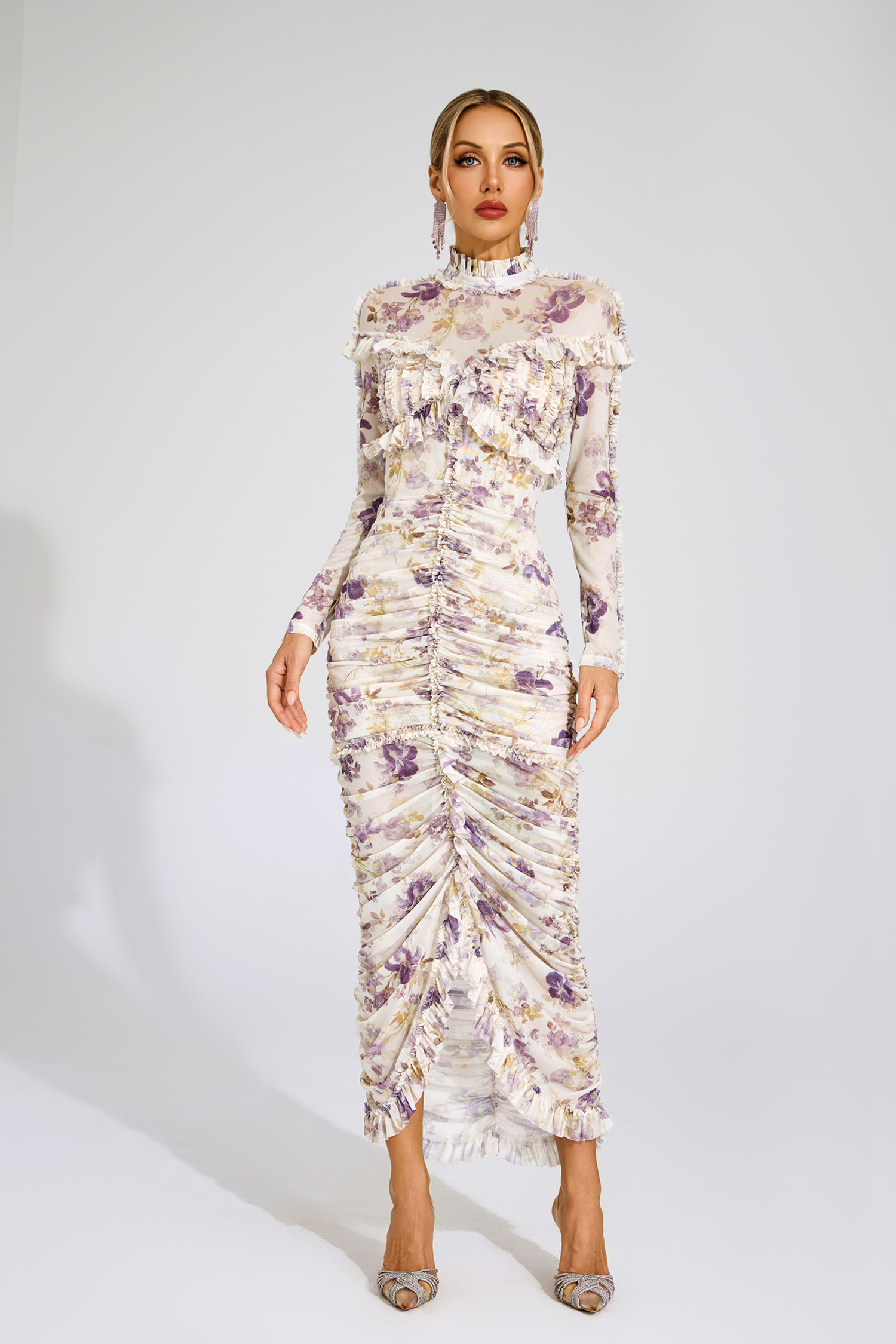 Gunter Purple Ruched Floral Long Sleeve Dress