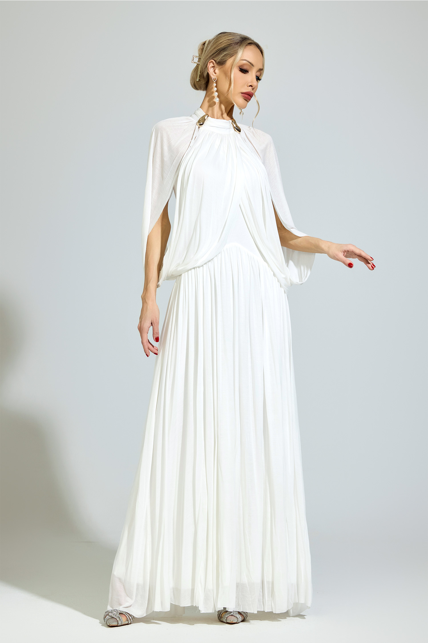 Habermas White Pleated Sweater Dress